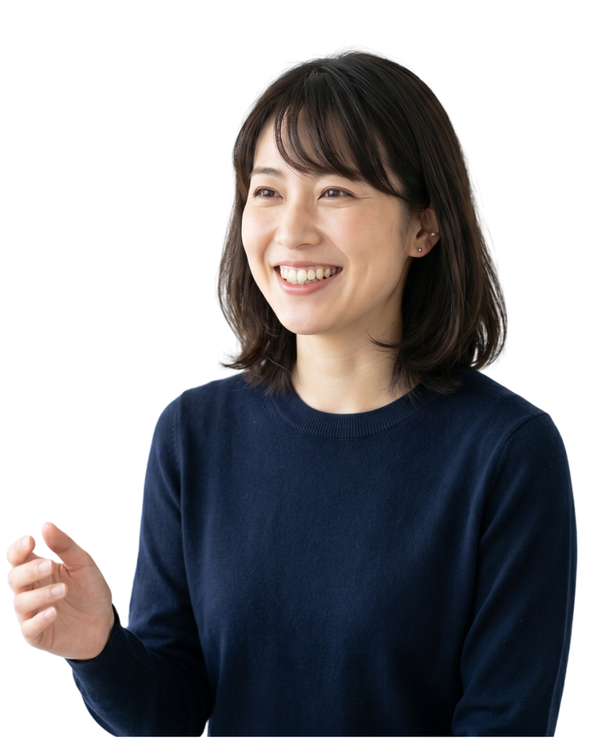 A woman with shoulder-length dark hair, smiling, wearing a navy blue top, against a plain background.