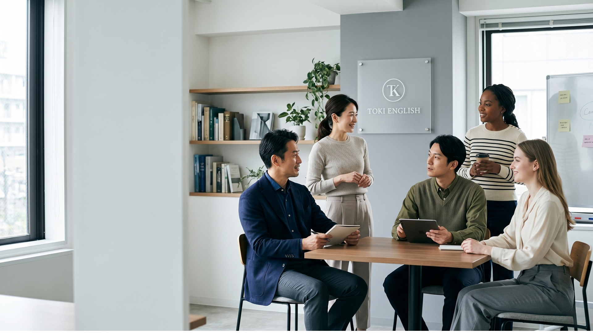 Five diverse people in a meeting room, sitting and standing around a table, engaged in conversation, with a window and bookshelves in the background at TOKI ENGLISH.