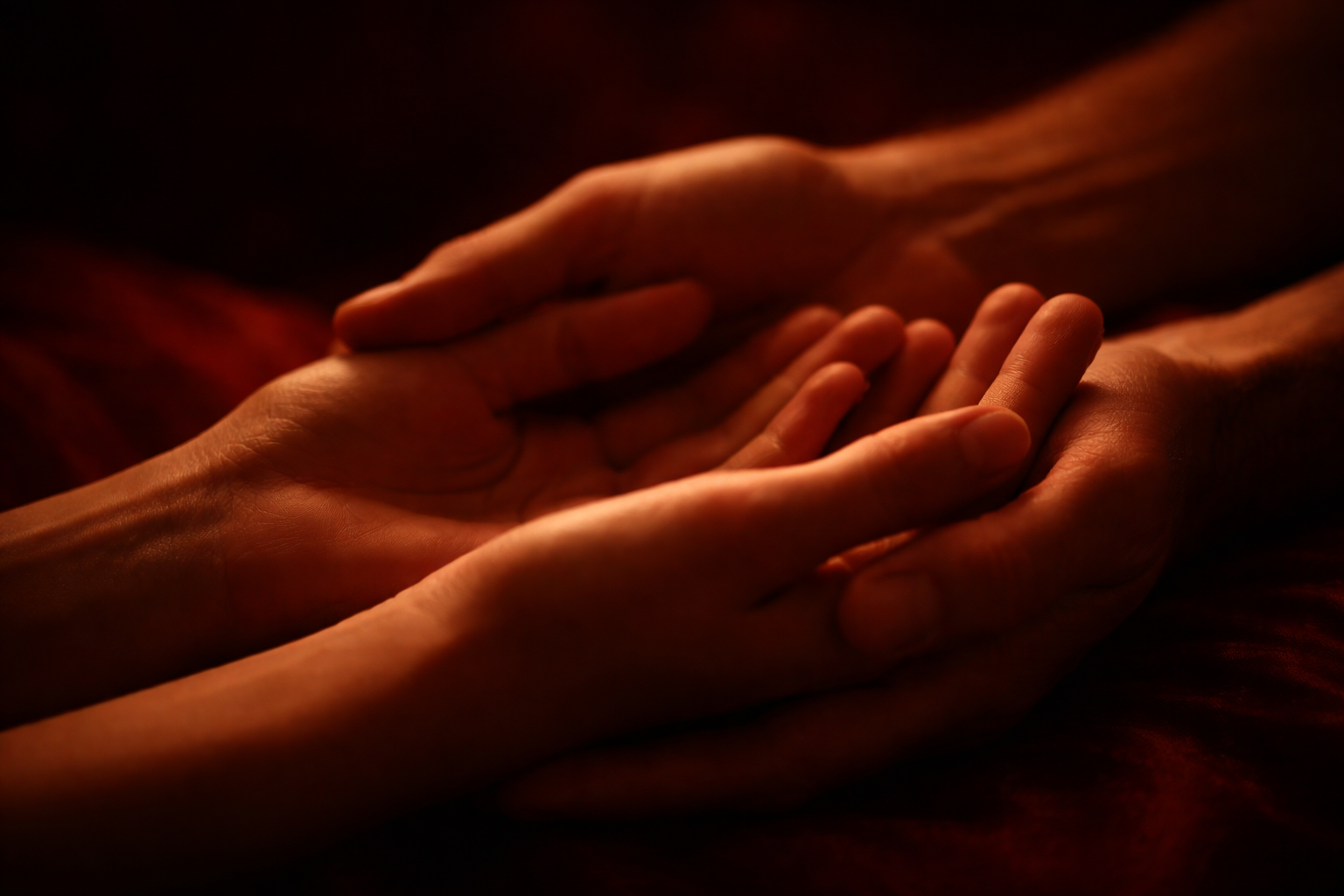 Two hands gently holding each other in a warm, intimate gesture.