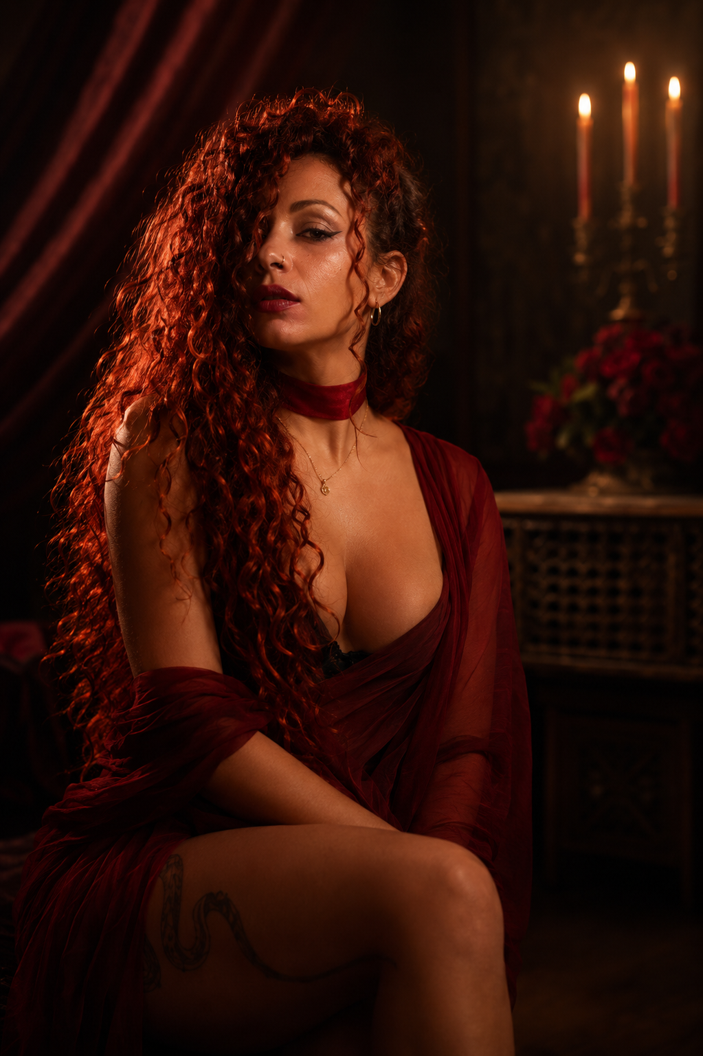 A woman with long curly red hair, wearing a sheer red dress and choker, sitting indoors with candles and a flower arrangement in the background.