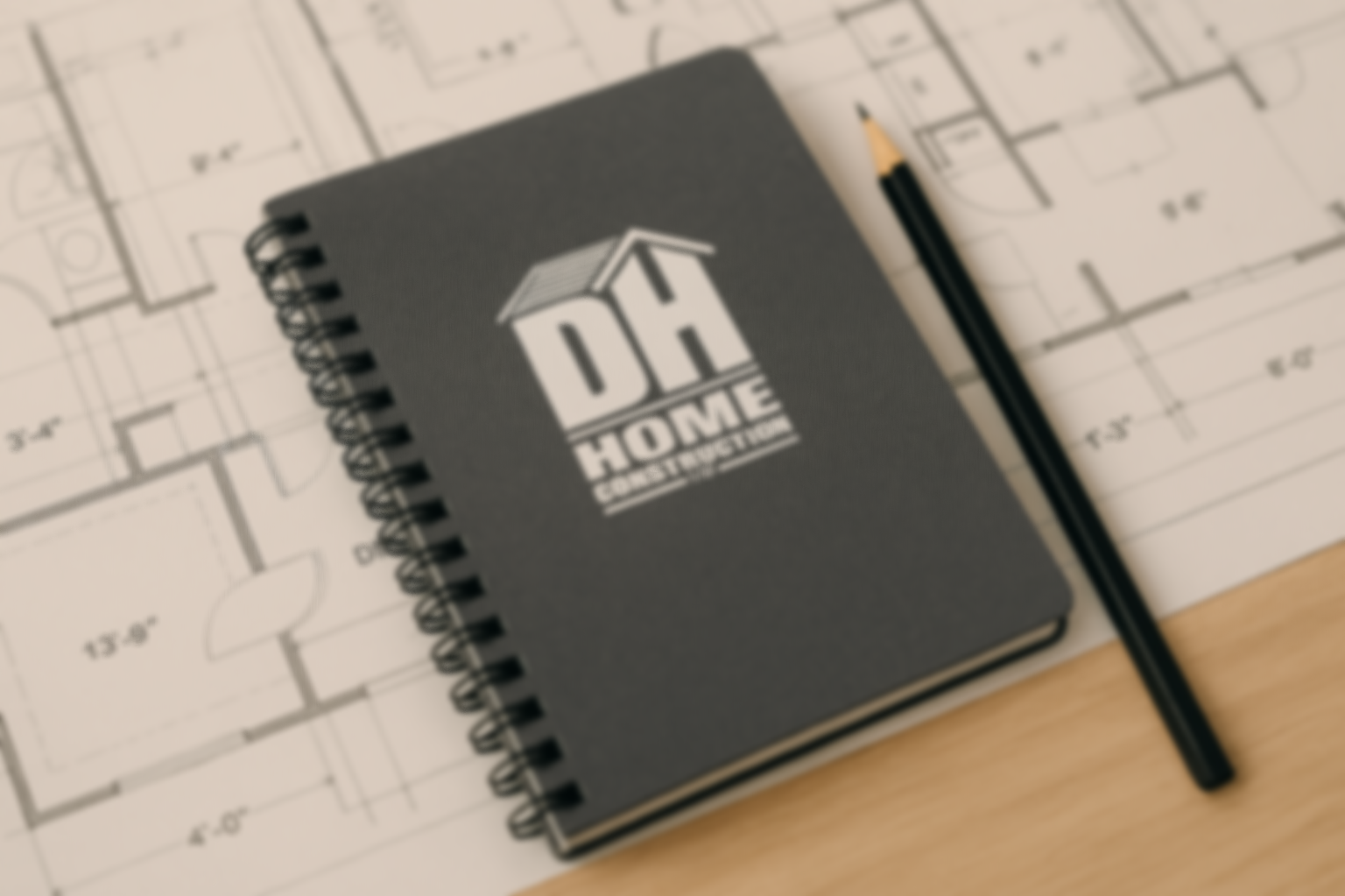 A black notebook with a white logo on the cover that reads "DH HOME CONTRACTING" and features a house roof graphic; next to it is a yellow pencil and a detailed house floor plan in the background.