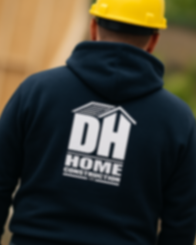 Construction worker wearing yellow hard hat and DH Home hoodie at residential job site in Orpington