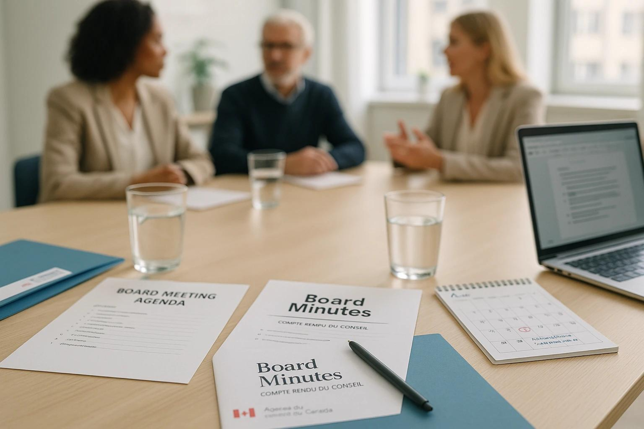 Three people in a business meeting, with documents labeled 'Board Meeting Agenda' and 'Board Minutes', a laptop, glasses of water, and a calendar on the table.