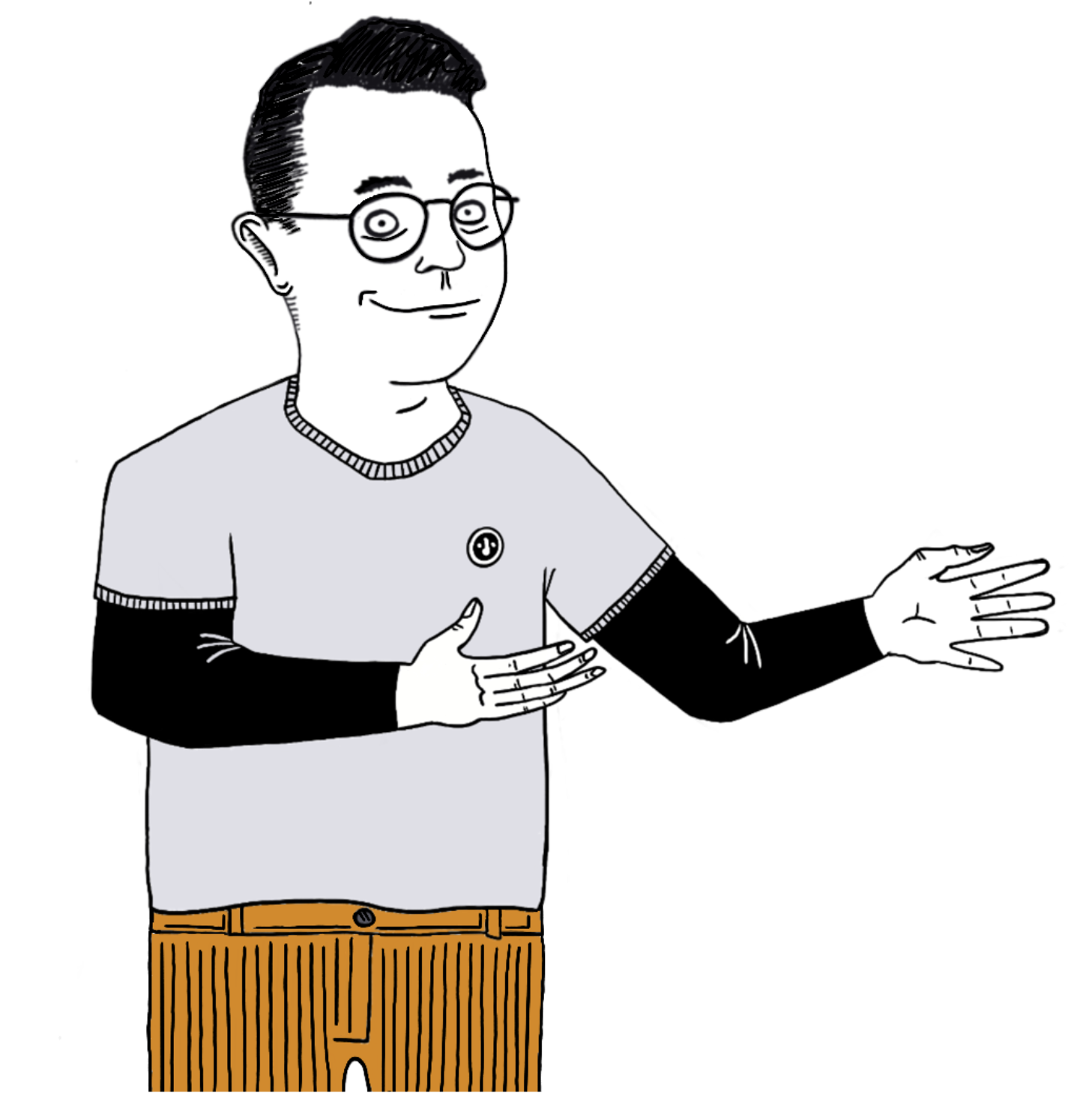 A black and white cartoon drawing of a man with glasses, short hair, wearing a t-shirt with a smiley face, and gesturing with his right hand, against a black background.