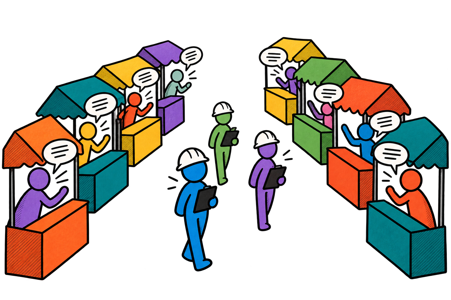 Several stick people are manning marketstalls in a crowded marketplace. Each of them is shouting and trying to get the attention of 3 other stick people walking down the center of the image, all wearing hard hats and carrying clipboards.