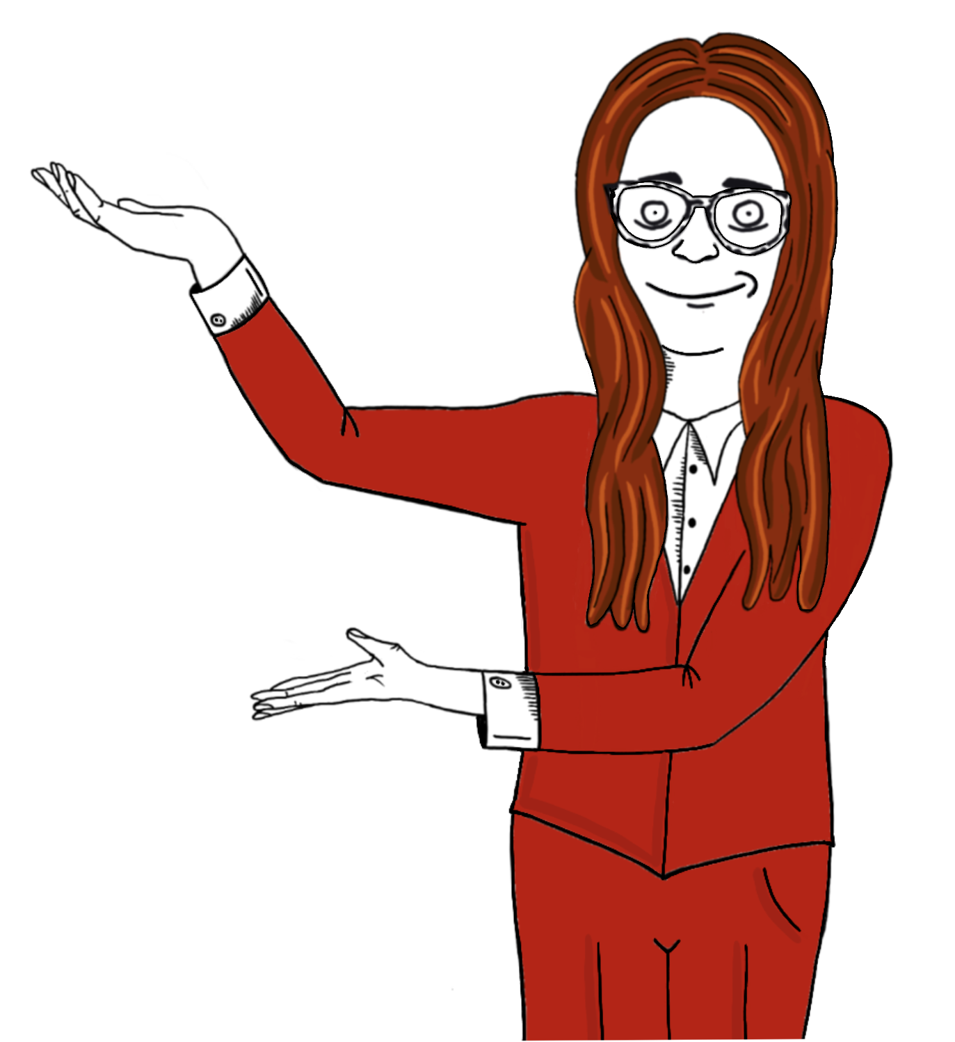 An animated woman with long red hair, glasses, and a red suit, gesturing with her hands as if presenting or explaining something.