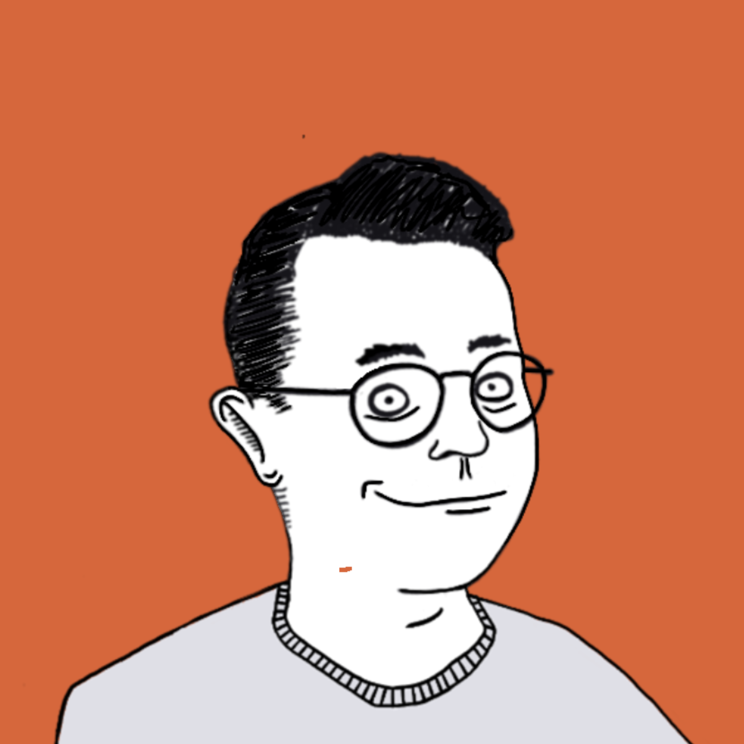 Drawing of a person with glasses and short hair, smiling with a piece of toast or bread in their mouth, against an orange background.