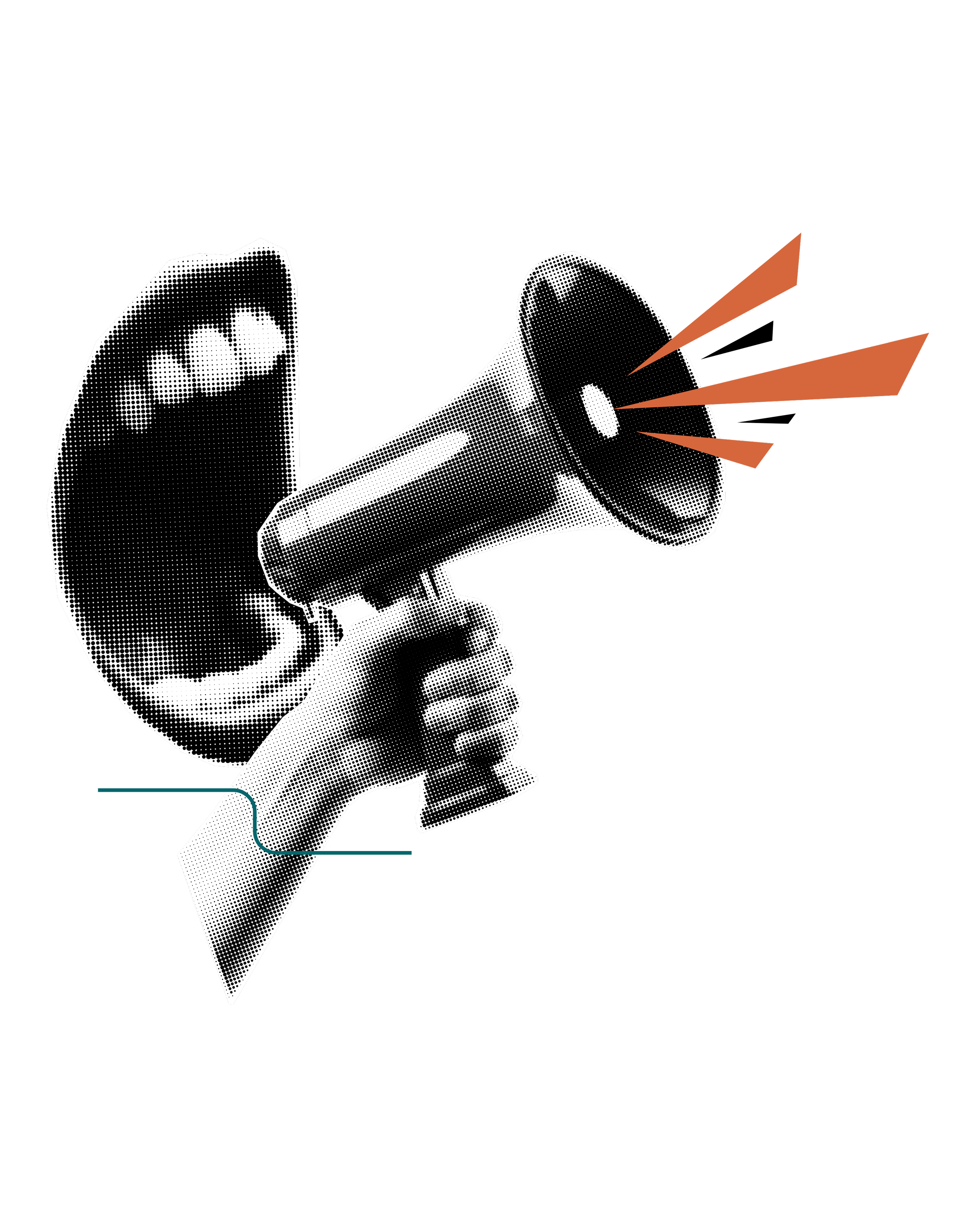A black and white dotted illustration of a hand holding a megaphone, with three orange lines indicating sound projection.