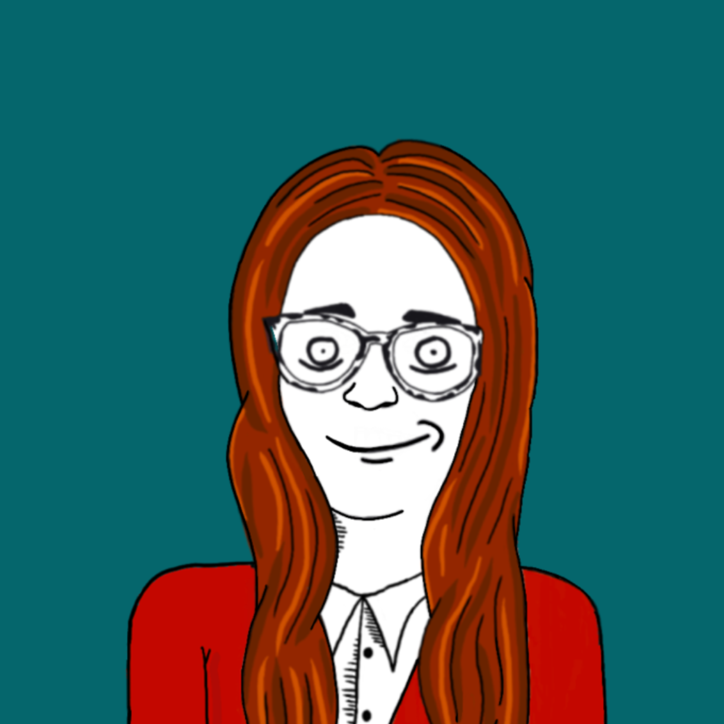 Cartoon image of a woman with long red hair, glasses, wearing a red jacket and white blouse, smiling.