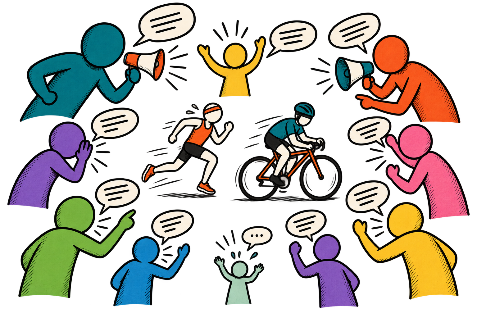 A crowd of stick people standing in a circle are all trying to get the attention of a runner and a cyclist in the centre of the image. A much smaller stick person at the bottom centre of the image is struggling to be heard in the crowd.