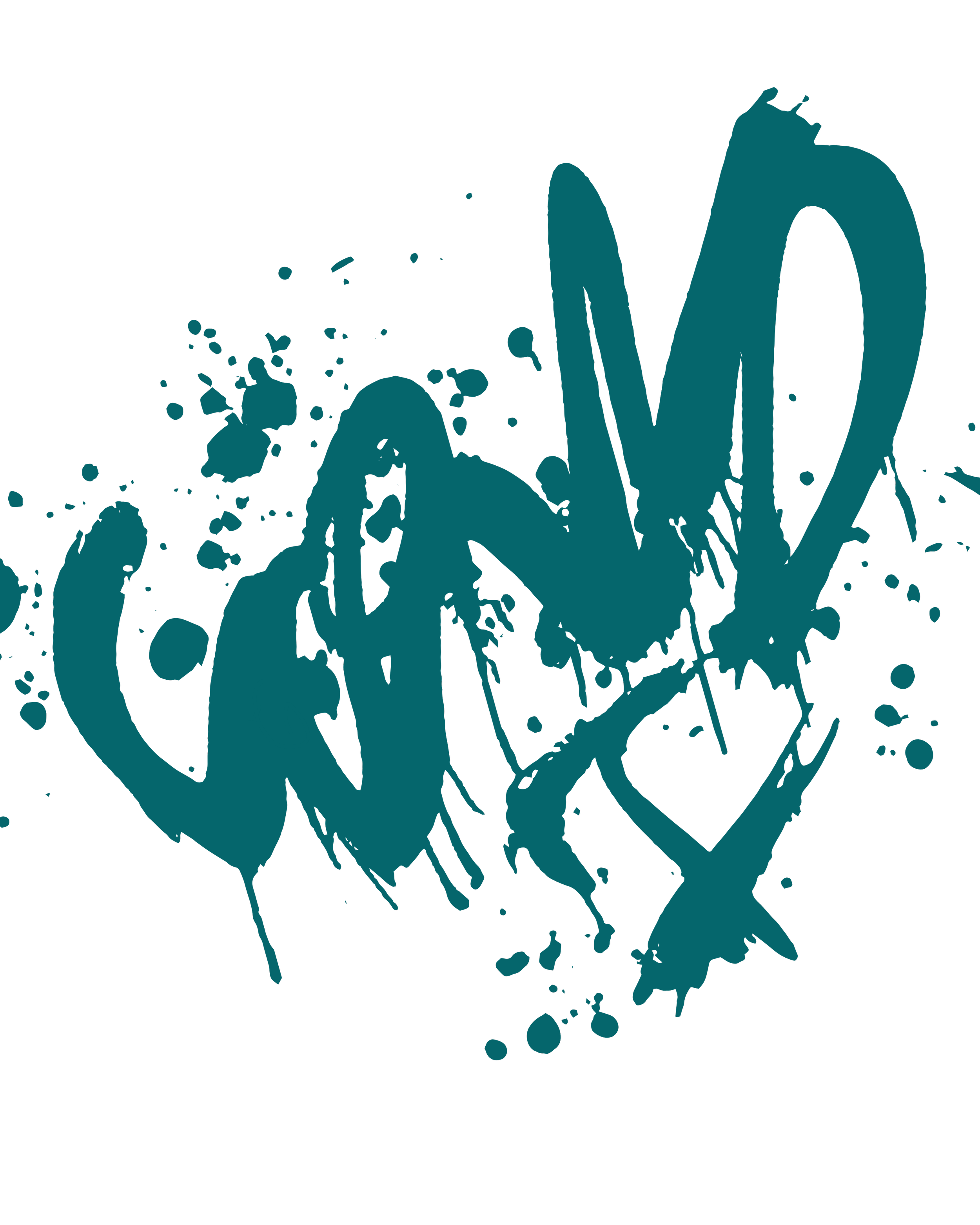 A stylized dark teal-colored world map with ink splatters and abstract lines against a black background.