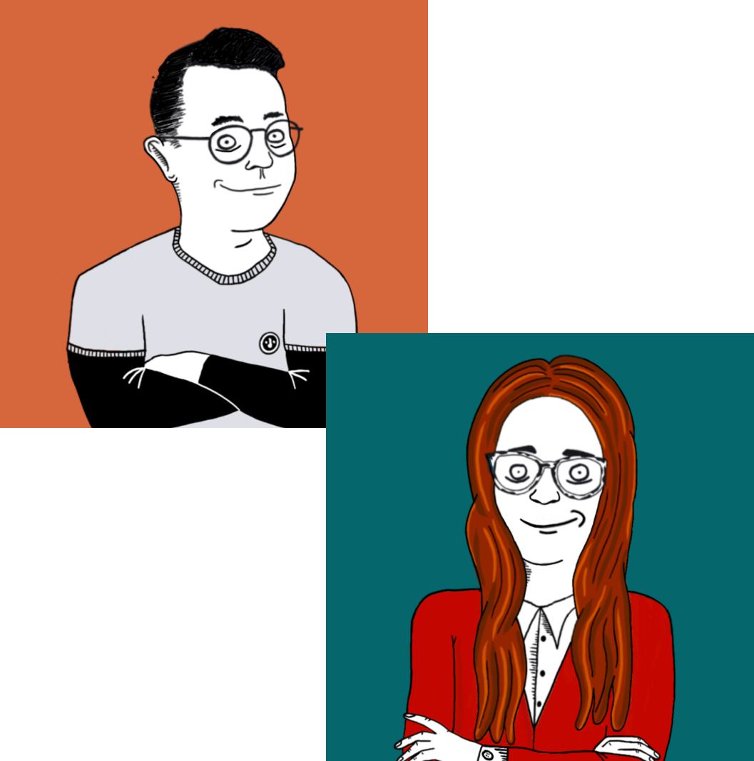 Cartoon image of a man & woman with bright background. Both characters are smiling and looking at the camera.