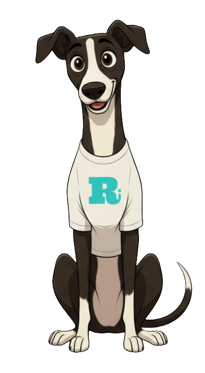 Animated black and white dog with big eyes, wearing a white T-shirt with a blue letter R, sitting with tail curled to the side.