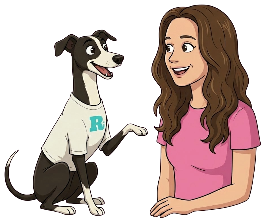 A cartoon woman with long brown hair wearing a pink shirt talking to a black and white dog wearing a white T-shirt with a blue letter 'R' on it.