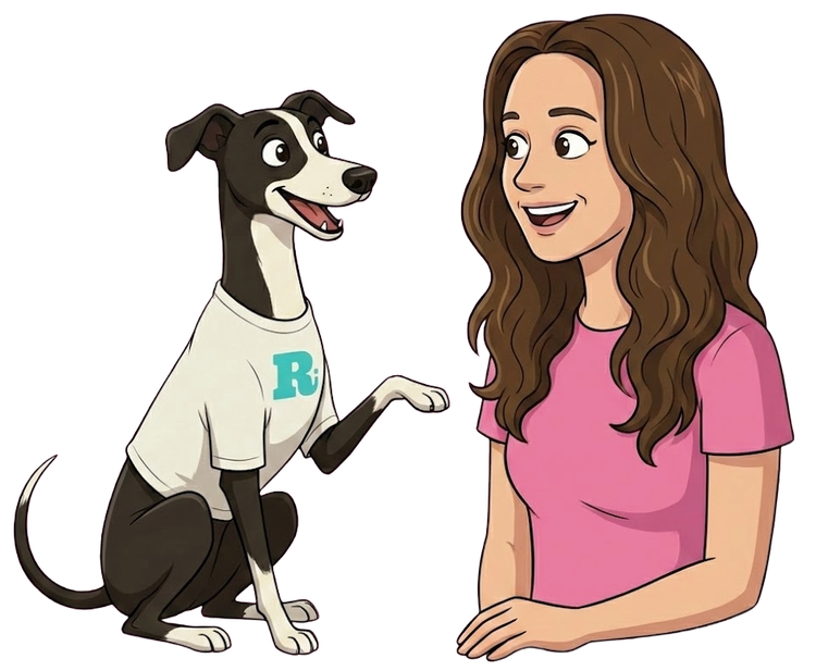 Illustration of Vicky chatting with Taylor the dog