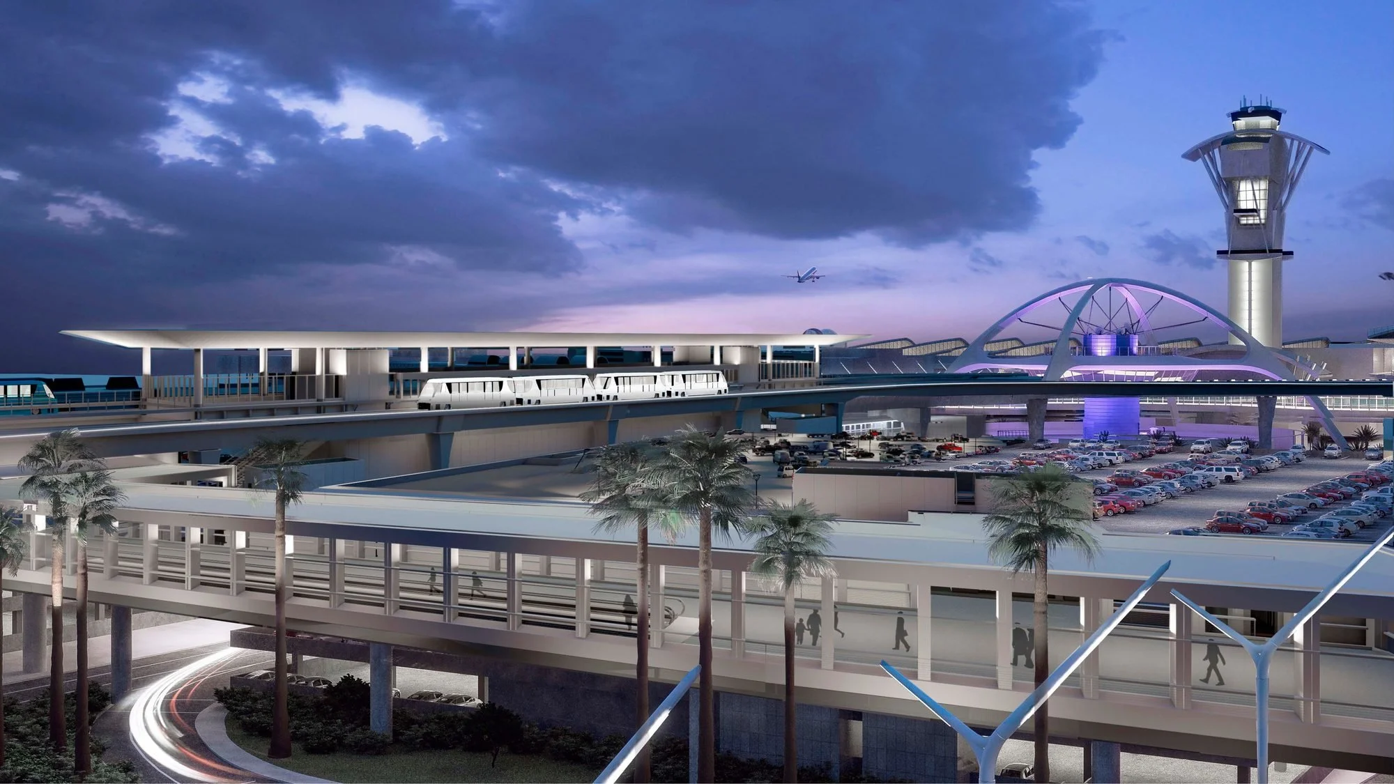 A modern airport terminal at dusk with a control tower, parking lot filled with cars, and an airplane flying in the sky. The airport features futuristic architecture with purple and white lighting accents.