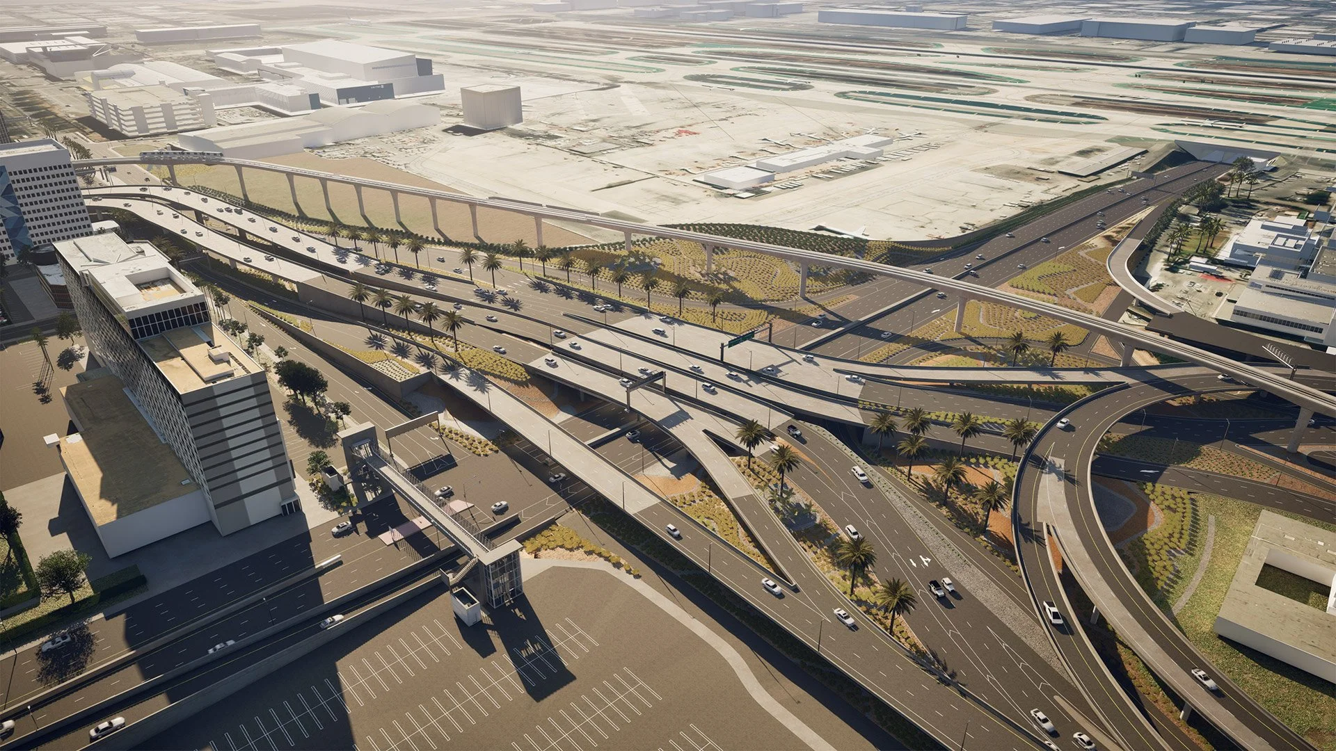 A computer-generated rendering of a complex multi-level highway interchange with surrounding buildings and parking lots, featuring numerous overpasses and palm trees.