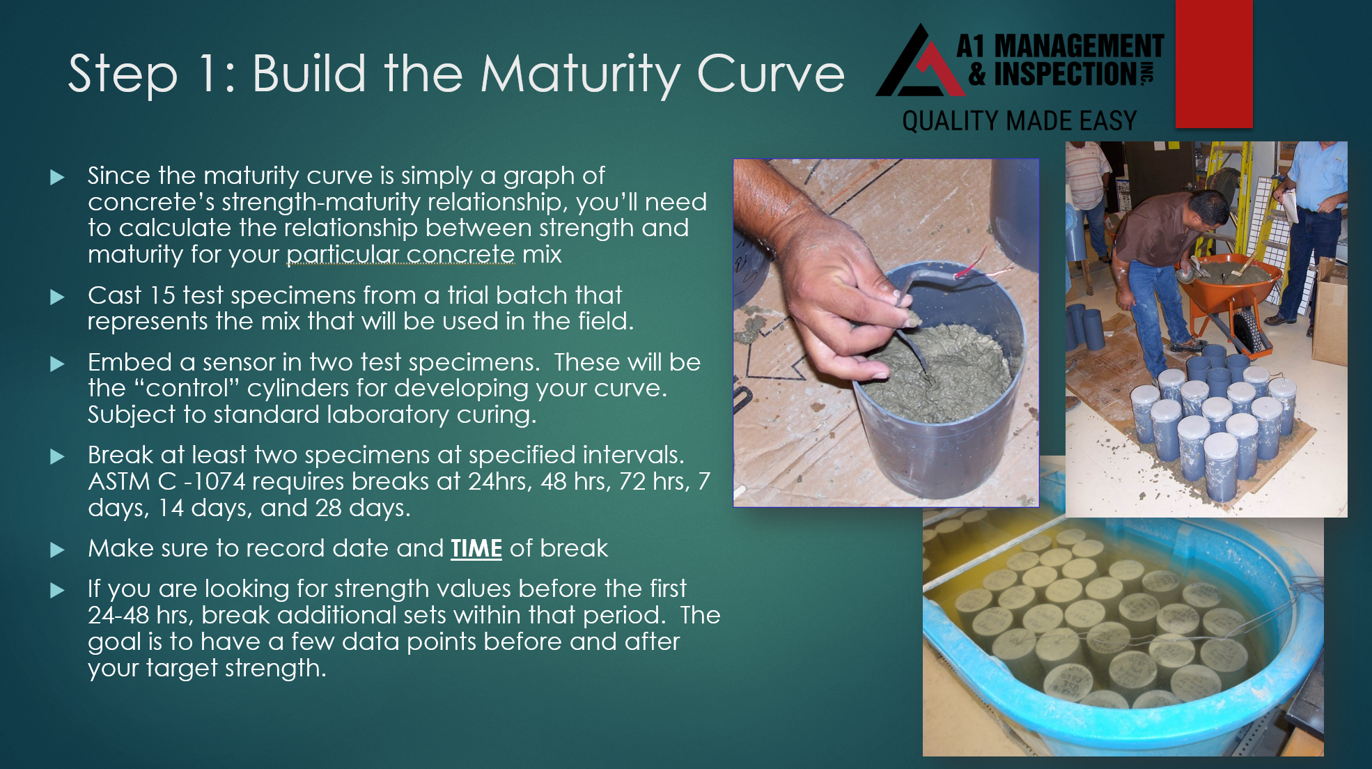 Step 1: Build the Maturity Curve. The image shows a construction site with workers mixing and pouring concrete for testing and construction. The text explains procedures for determining concrete strength, including casting test specimens and embedding sensors.