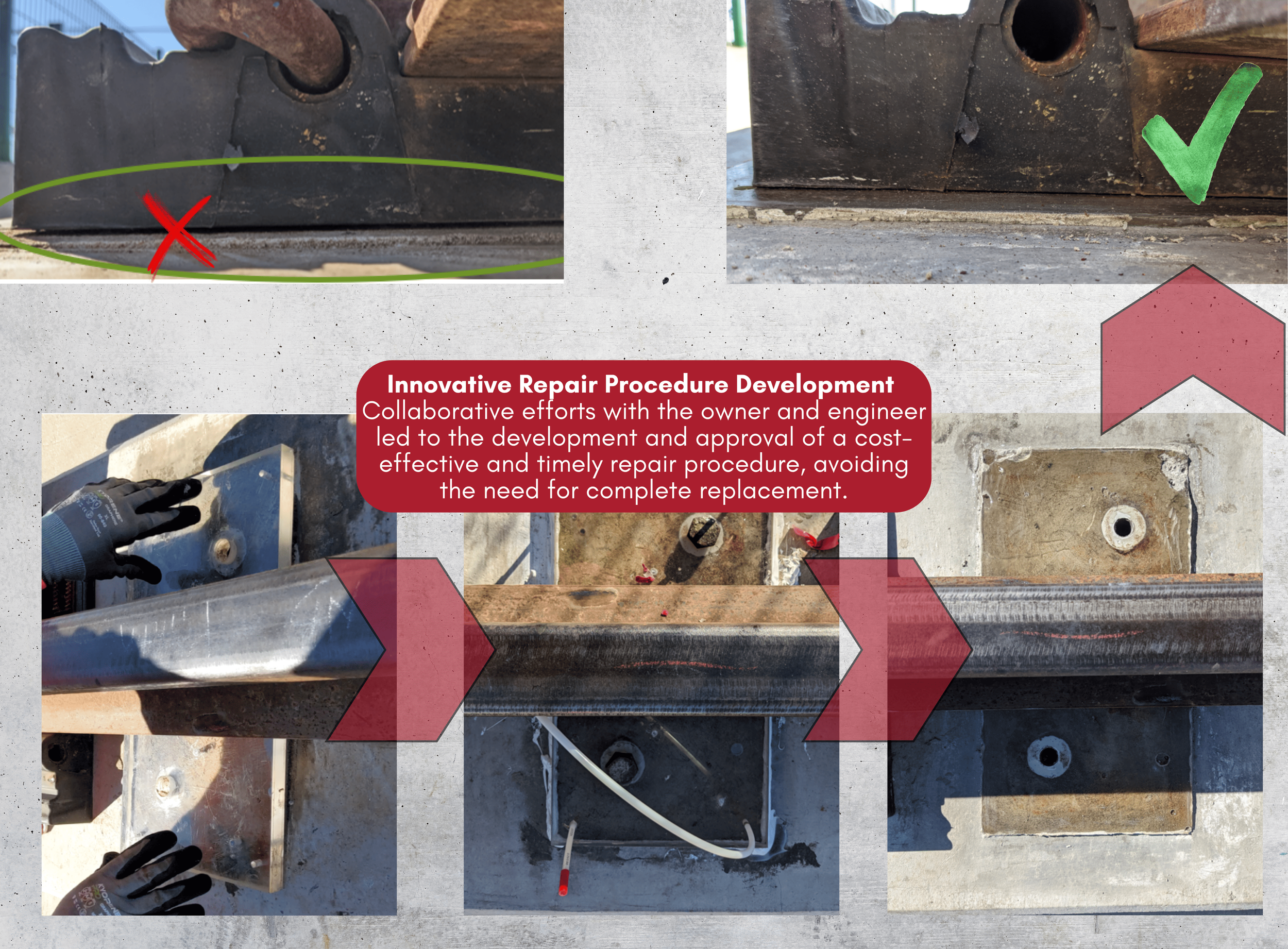 Comparison of two images showing a damaged metal surface on the left with a red 'X' mark and proper repair on the right with a green check mark, demonstrating the before and after of a repair process.