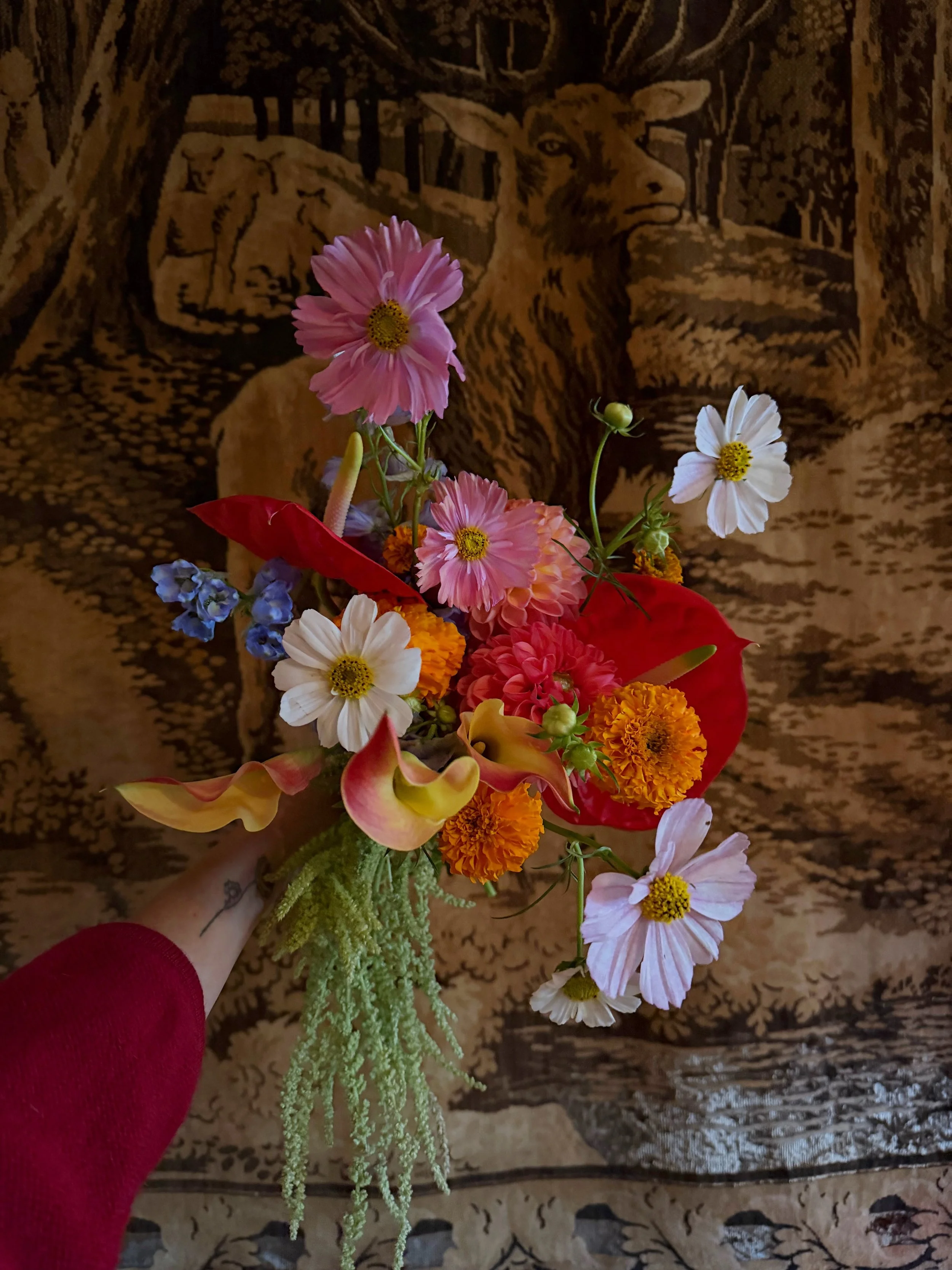 For Colleen ❤️ A petite colorful bridal bouquet that shines with any backdrop including my red thrifted sweater. 

Look what happens when you embrace color and personality and fun?! 

You get really good flowers. #thecottagerosebridalbouquet 
.
.
#th