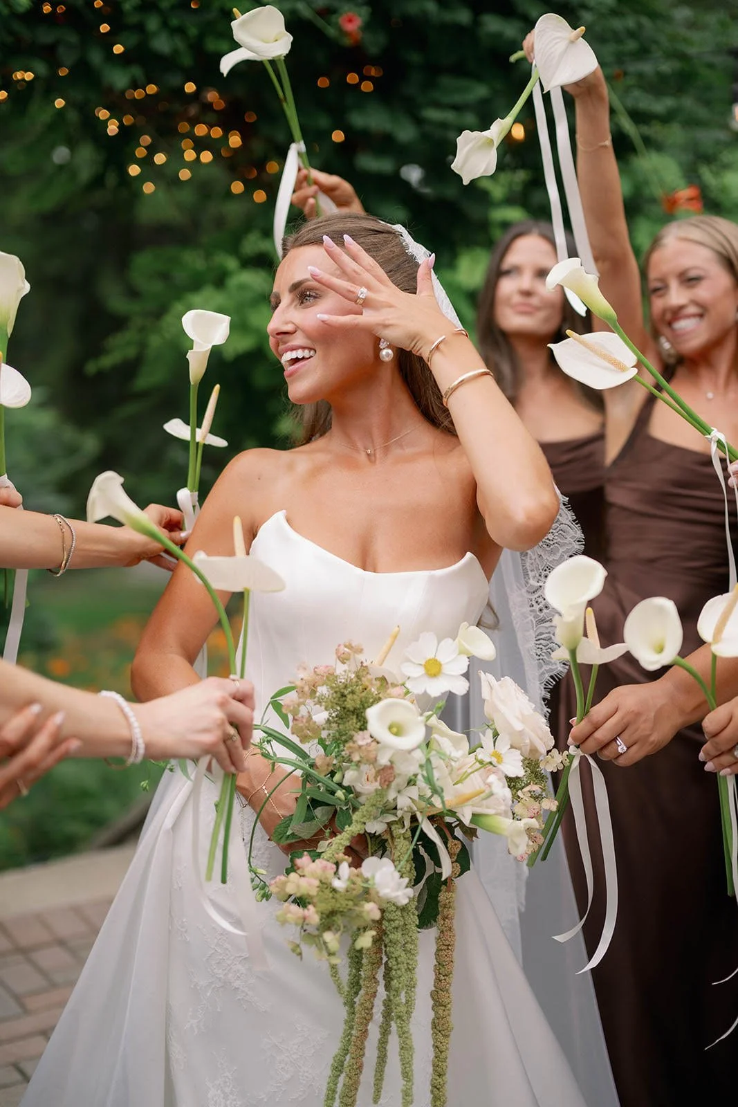 what a a 20k wedding floral budget really looks like meyers castle summer wedding chicago the cottage rose kansas city florist crossroads hydrangea bouquet calla lily bridesmaids long ribbons pearls lace