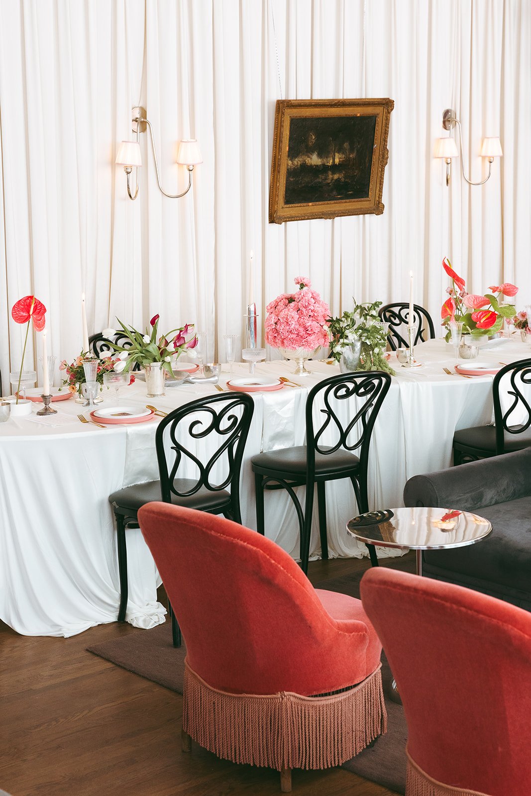 minimal modern feminine whimsical serpentine table centerpiece burgundy and green color palette orchids anthurium amaranth carnation mound the cottage rose kansas city wedding florist crossroads le lounge no vacancy bride kc true love coordination