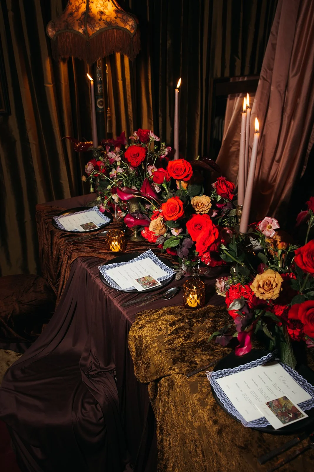 vintage maximalist editorial in le lounge no vacancy kansas city crossroads the cottage rose full service wedding florist winter wedding inspiration orchids amaranth calla lilies roses brown velvet linens