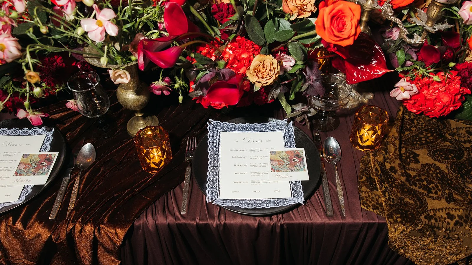 vintage maximalist editorial in le lounge no vacancy kansas city crossroads the cottage rose full service wedding florist winter wedding inspiration orchids amaranth calla lilies roses brown velvet linen vintage lamp tapestry lace menus