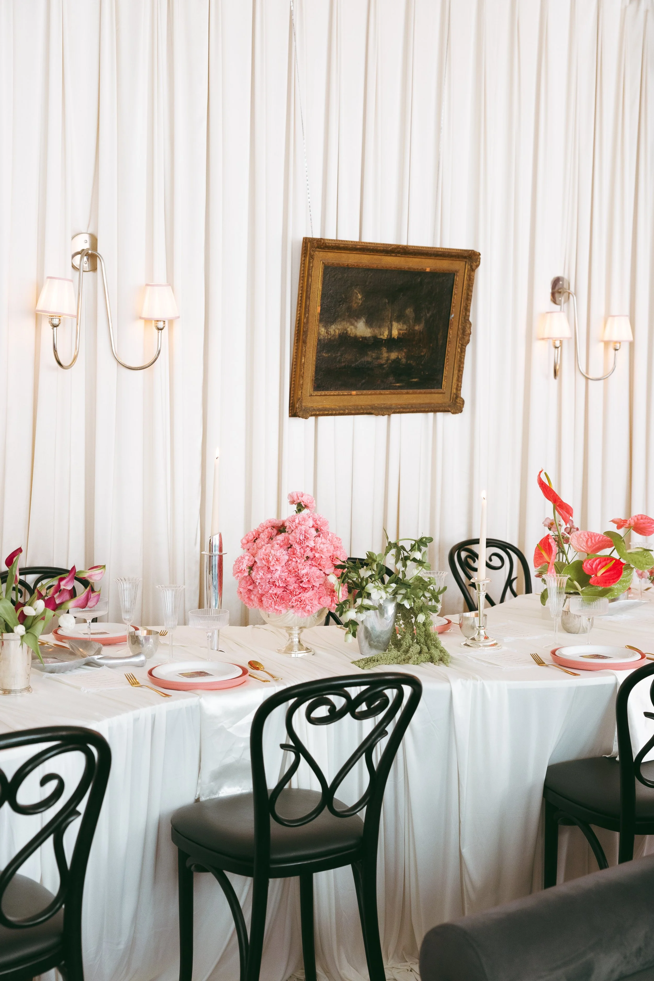 minimal modern feminine whimsical serpentine table centerpiece burgundy and green color palette orchids anthurium amaranth carnation mound the cottage rose kansas city wedding florist crossroads le lounge no vacancy bride kc true love coordination