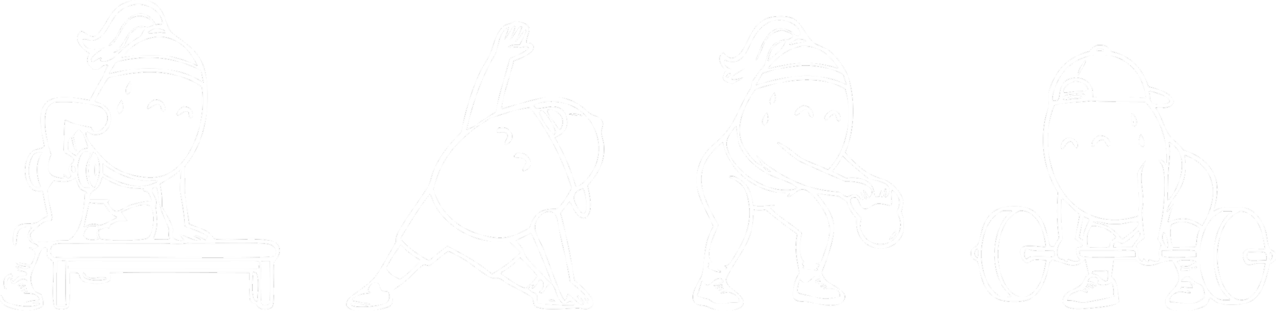 Line drawing of a person doing four different workouts against a black background.