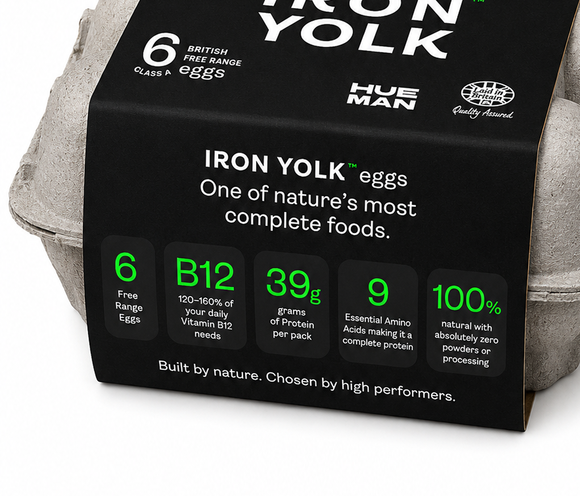 Close-up of packaging for Iron Yolk eggs, highlighting nutritional information and branding.