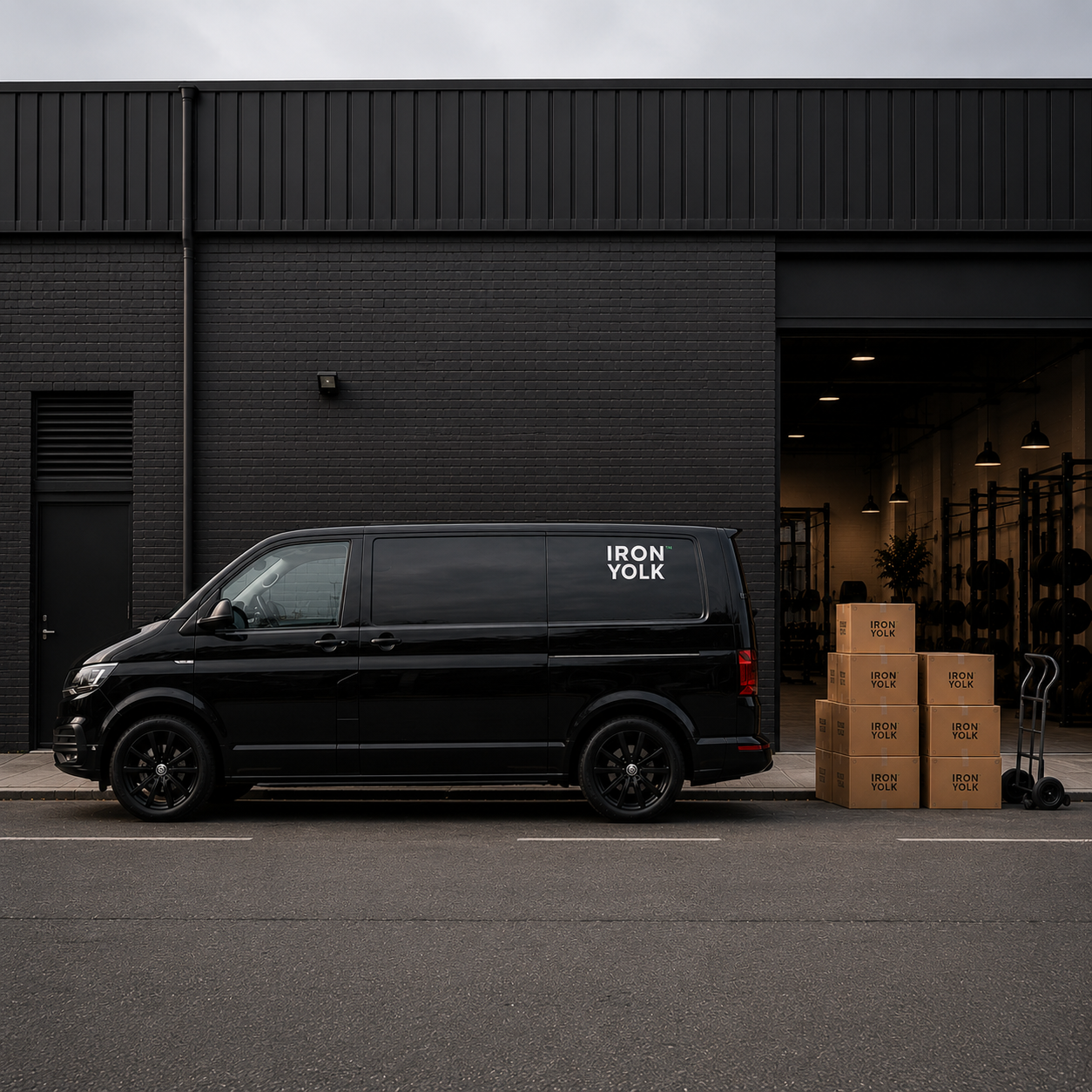 A black delivery van parked outside a modern industrial building with boxes labeled 'IRON YOLK' stacked beside it, and an indoor fitness area visible through an open garage door.