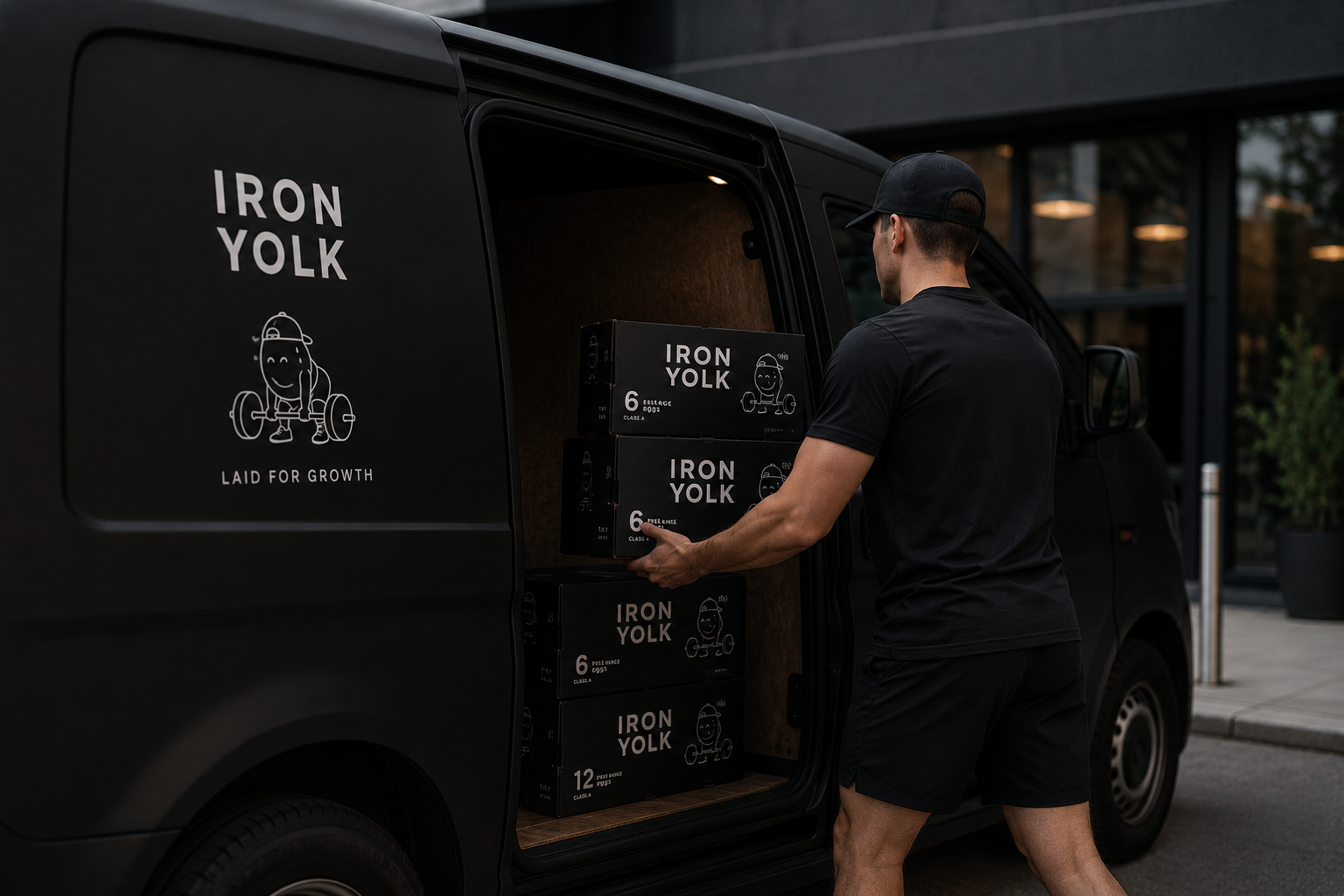 A man in black clothing and a cap loading boxes labeled 'Iron Yolk' into a black delivery van outside a modern building.