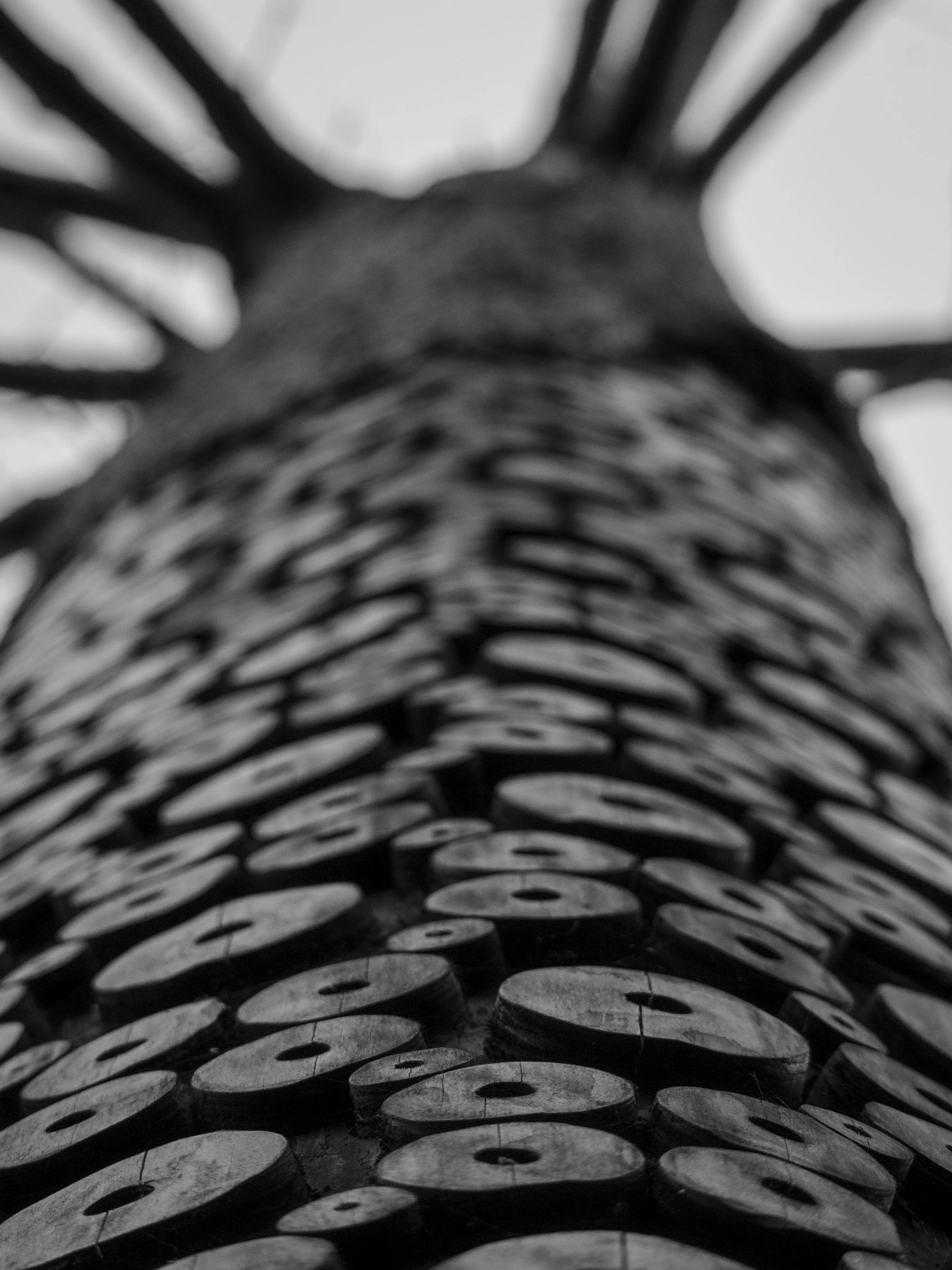 Close-up of a stack of circular objects with central holes, arranged in a helical pattern.