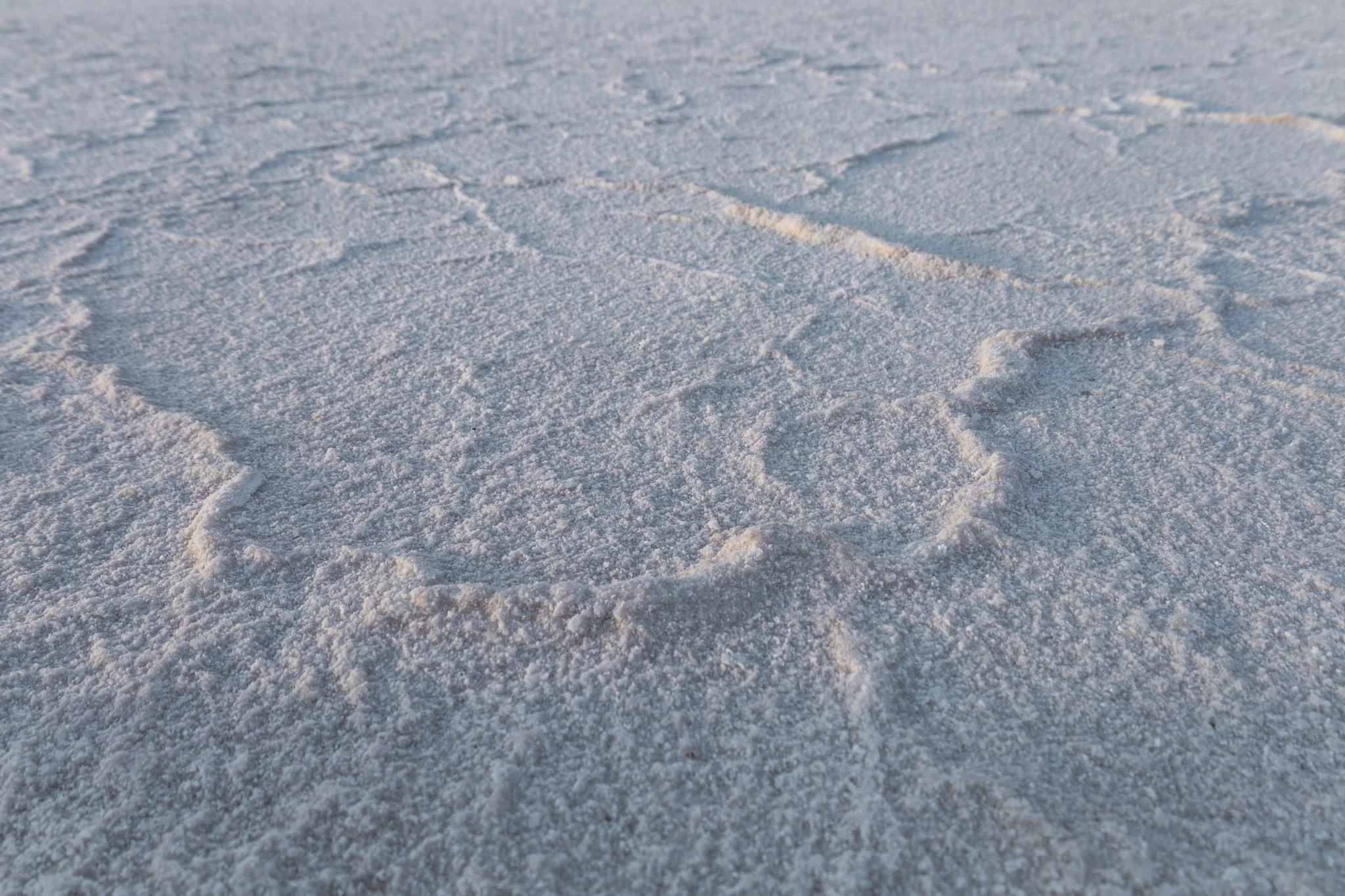 Close-up of snow-covered ground with visible tracks and footprints.