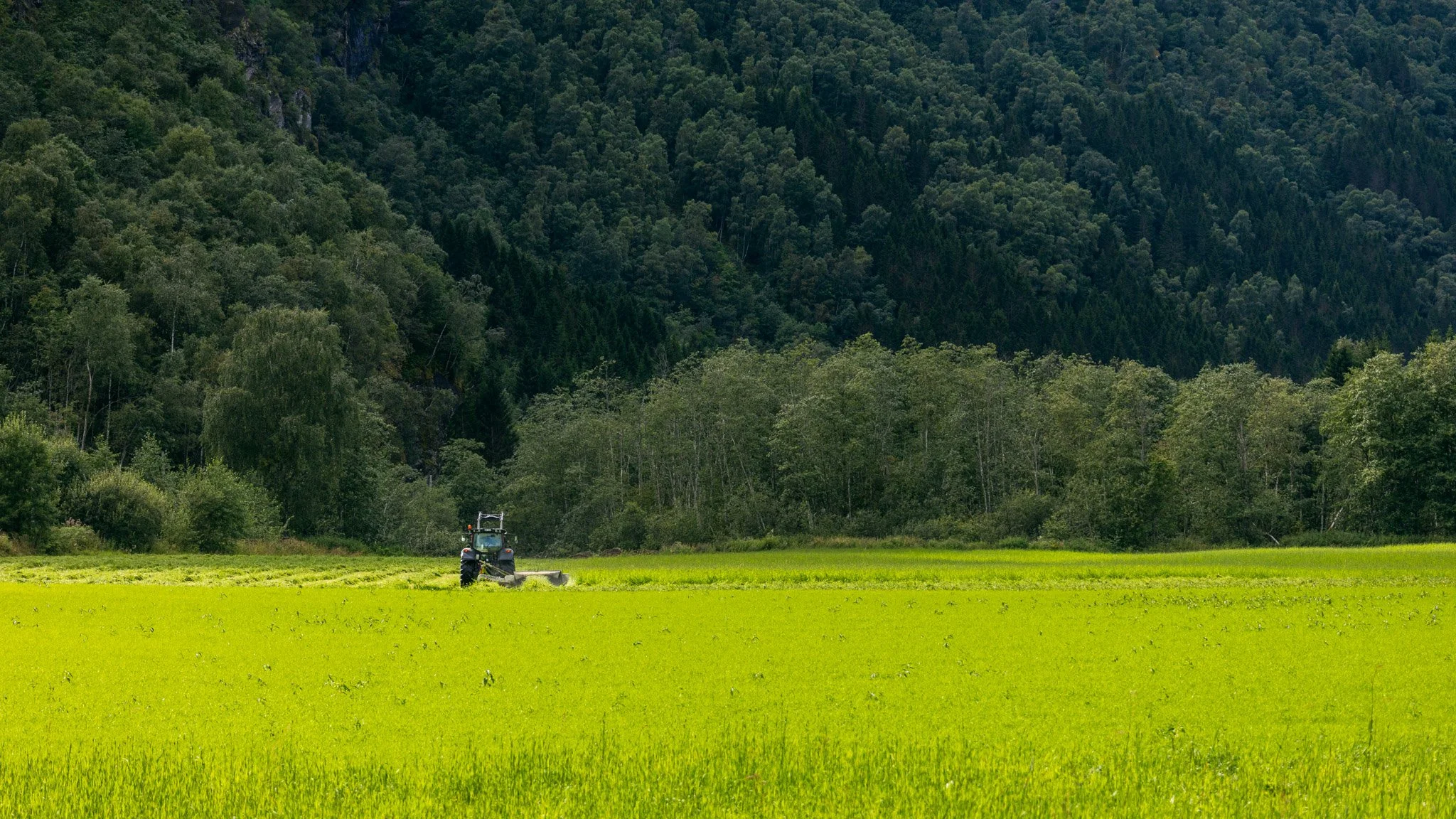 A field of green grass with a tractor working on the land. In the background, dense forested hills rise under a mostly clear sky.