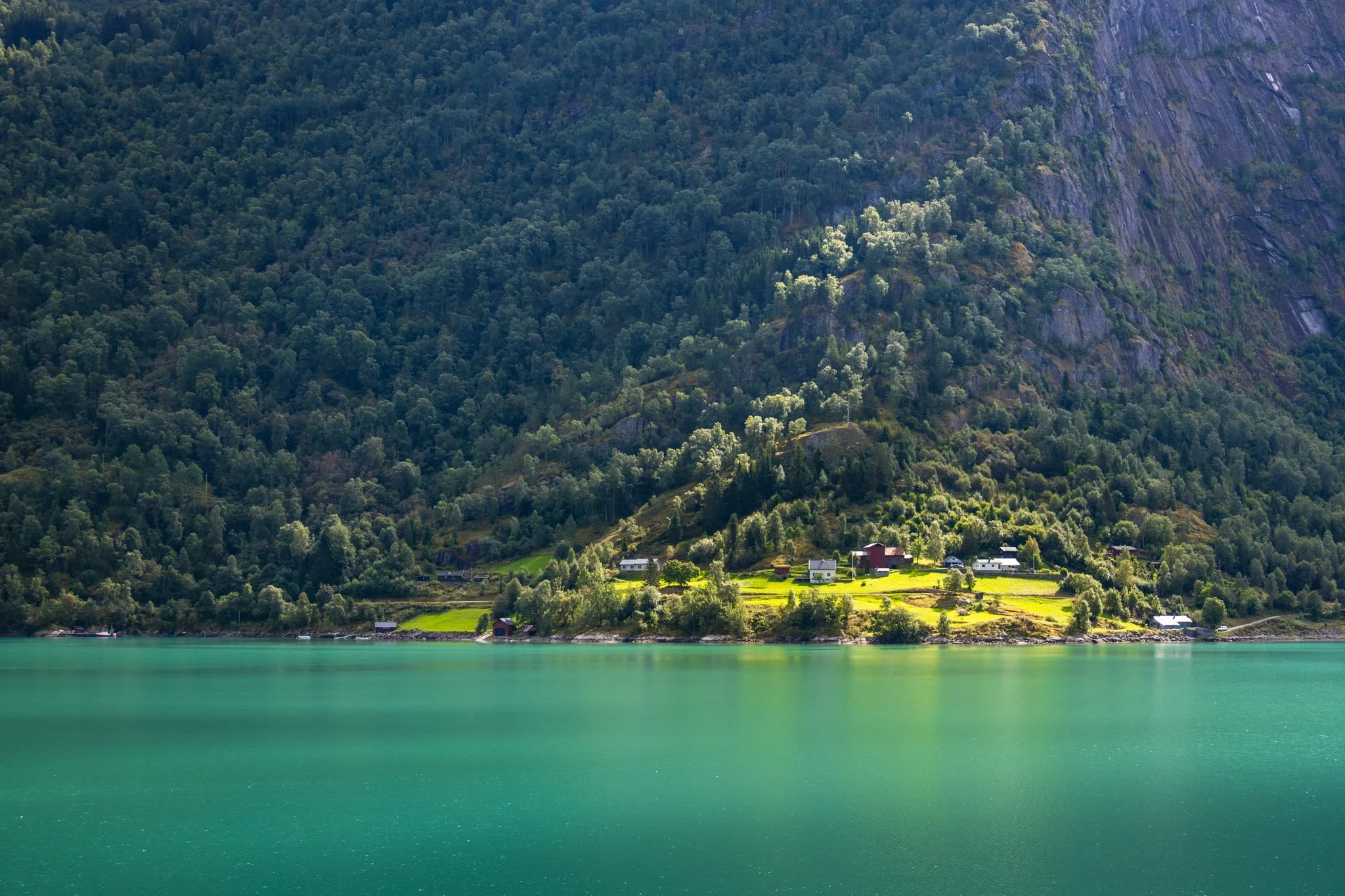 Scenic view of a green hillside with houses at the base, next to a calm body of water, and a densely forested mountain in the background.