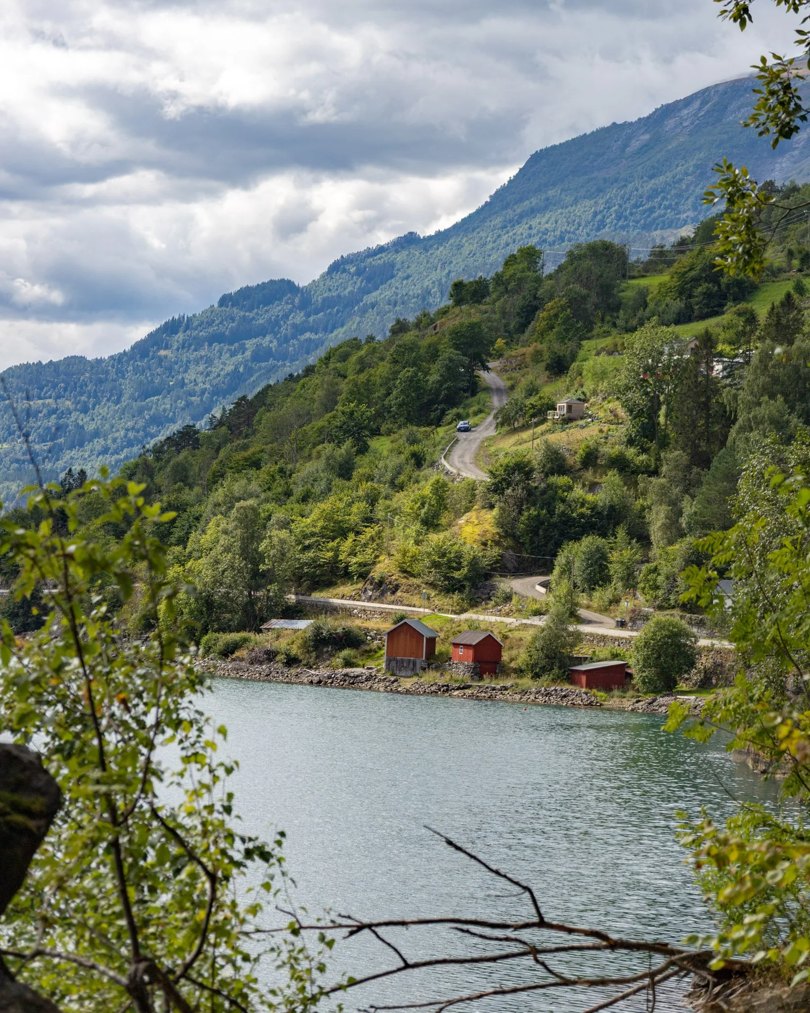 Scenic view of a lake with small red and white houses, lush green hillside, and a winding road, with forested mountains in the background and cloudy sky overhead.