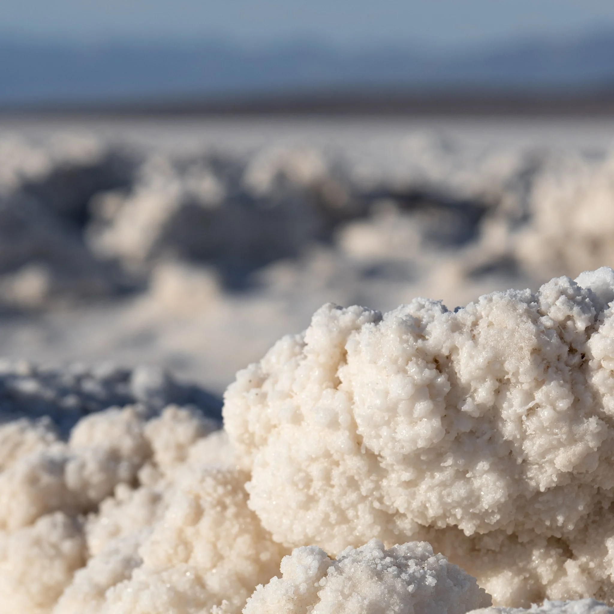 Close-up image of coarse white salt crystals arranged in a pile with a blurred background.