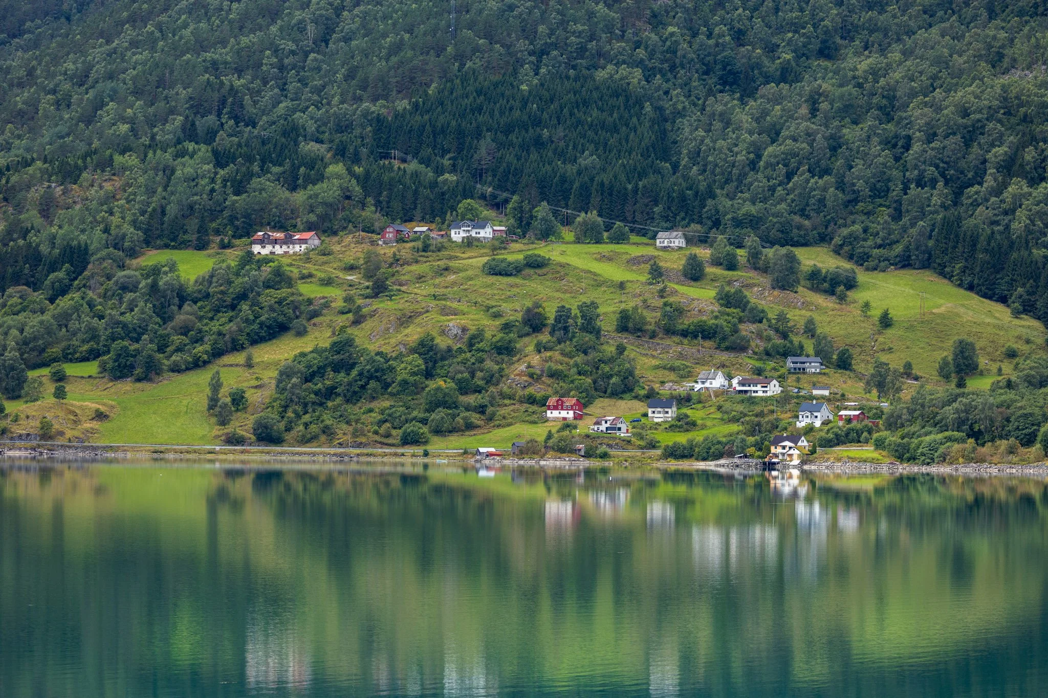 A scenic view of a hillside with multiple houses surrounded by green trees, with a body of water in the foreground reflecting the landscape.