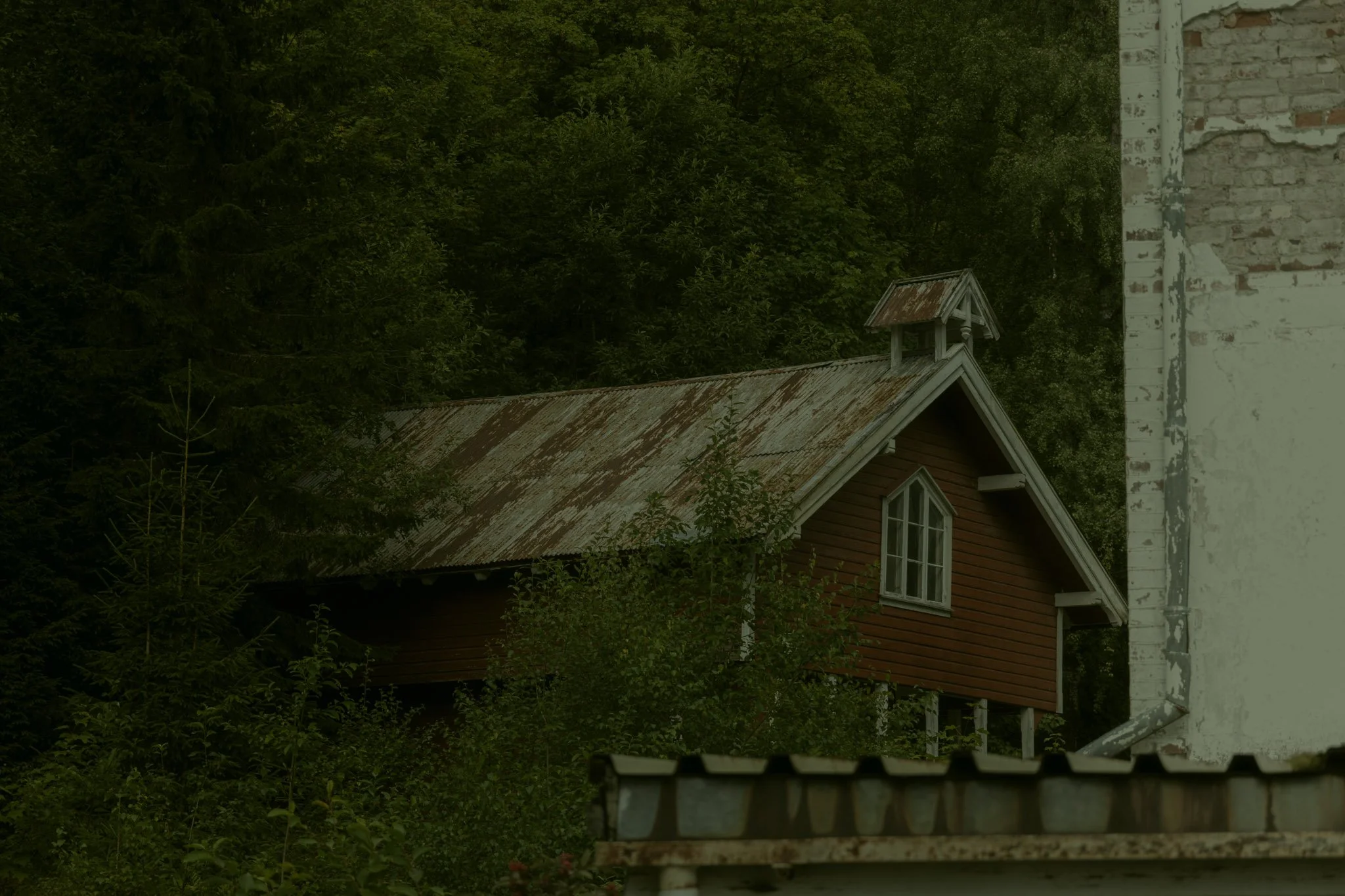 A view of an old red house with white-framed windows and a rusty metal roof, surrounded by green trees and foliage, with part of a white brick wall and a metal fence in the foreground.