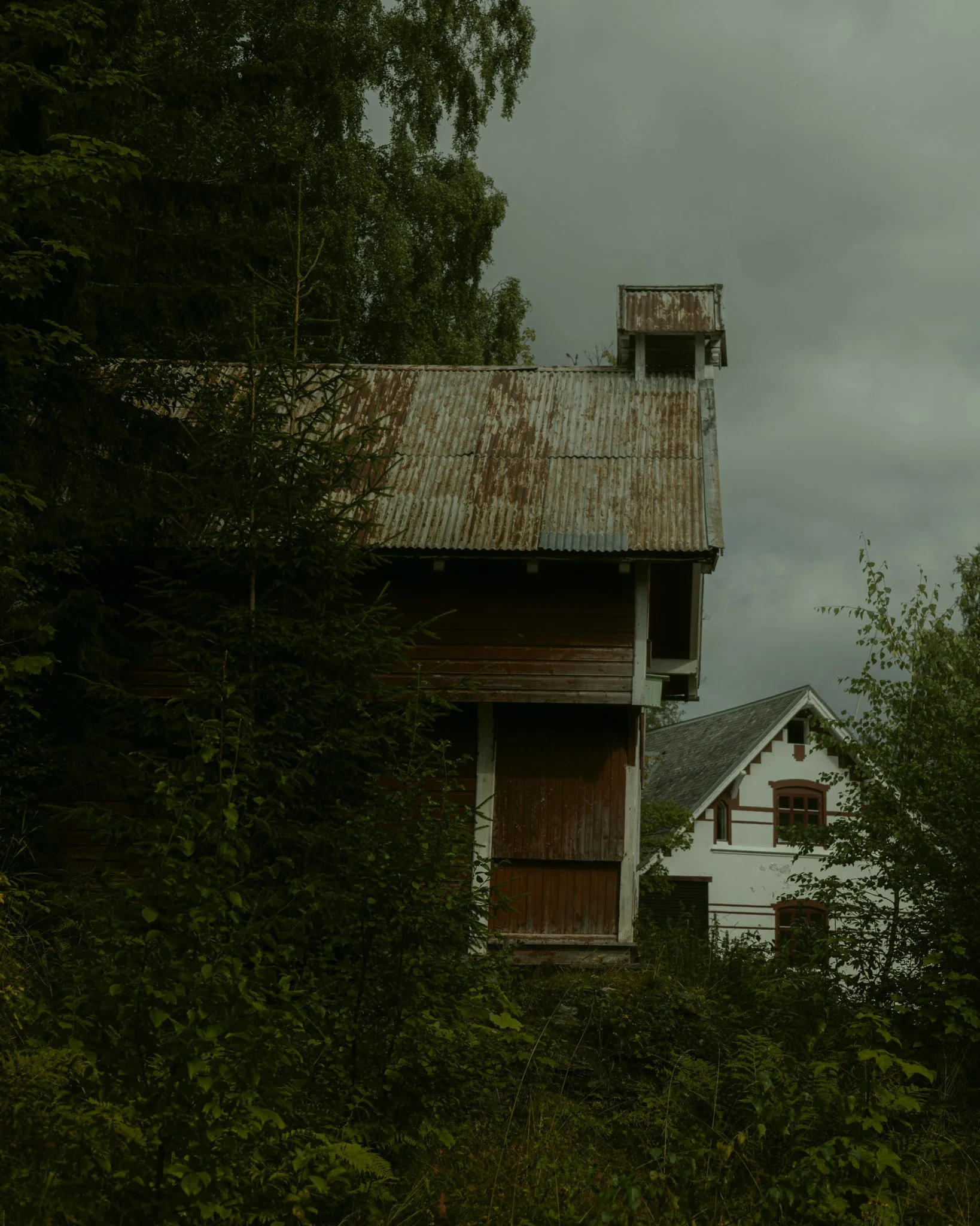 An old, rusted metal shed with a high roof and a small tower-like structure on top, surrounded by green foliage, with a white house visible in the background and a cloudy sky overhead.