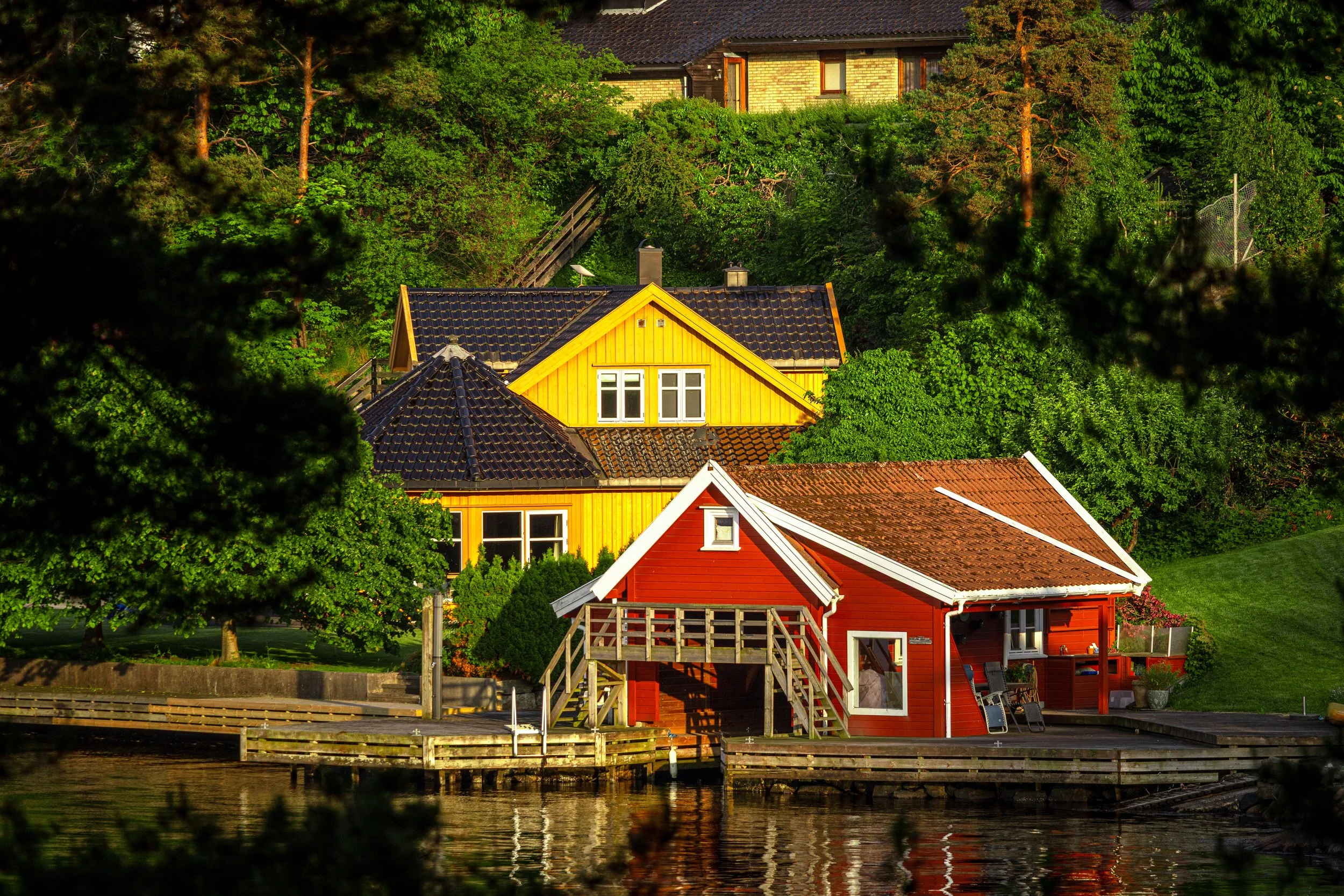 Colorful houses by the waterfront surrounded by lush green trees, with reflections seen on the water.