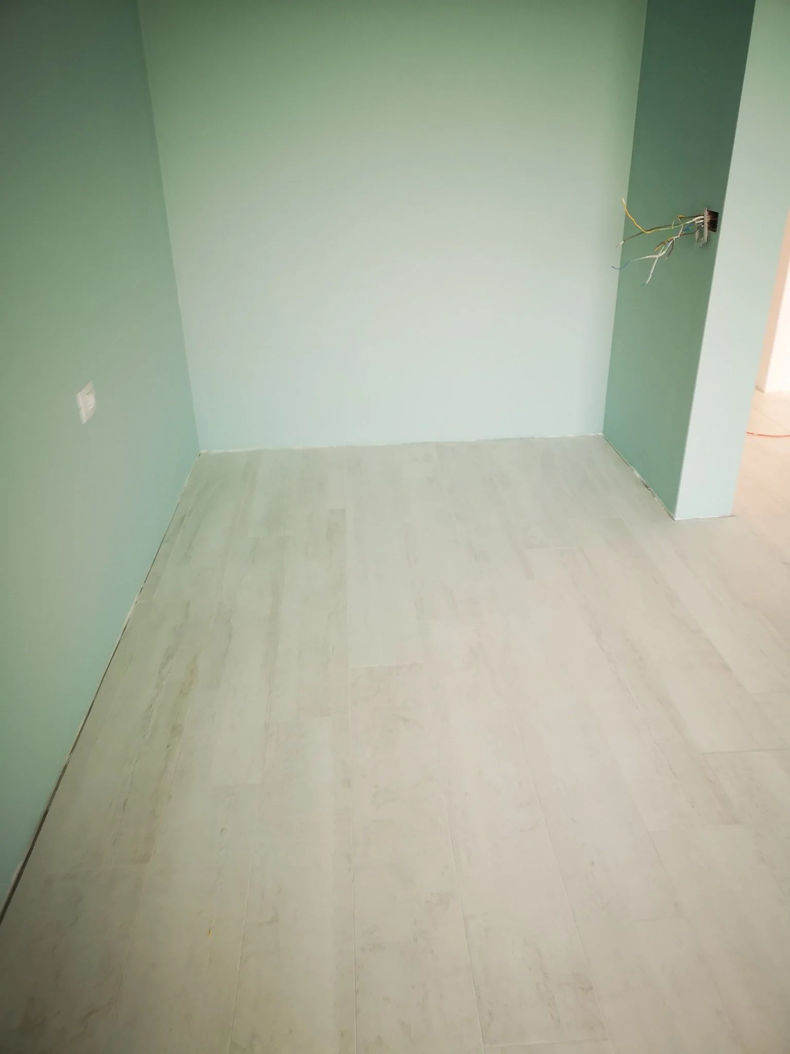 Empty room with light green walls, beige floor, and an electrical outlet on the left wall, with exposed wires on the right wall near an outlet box.