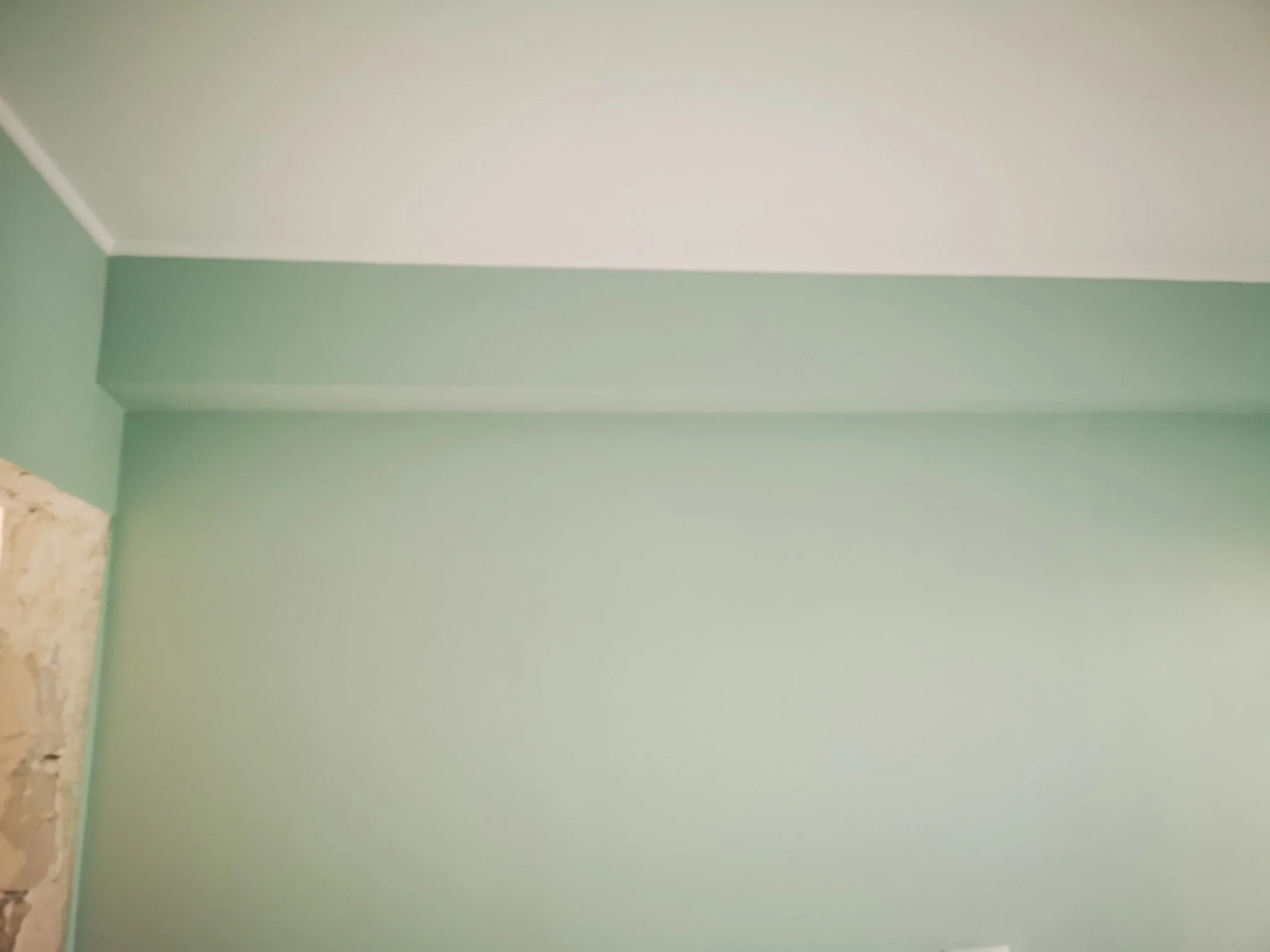 A corner of a room with a green wall and a white ceiling, with part of a wall showing a textured surface.