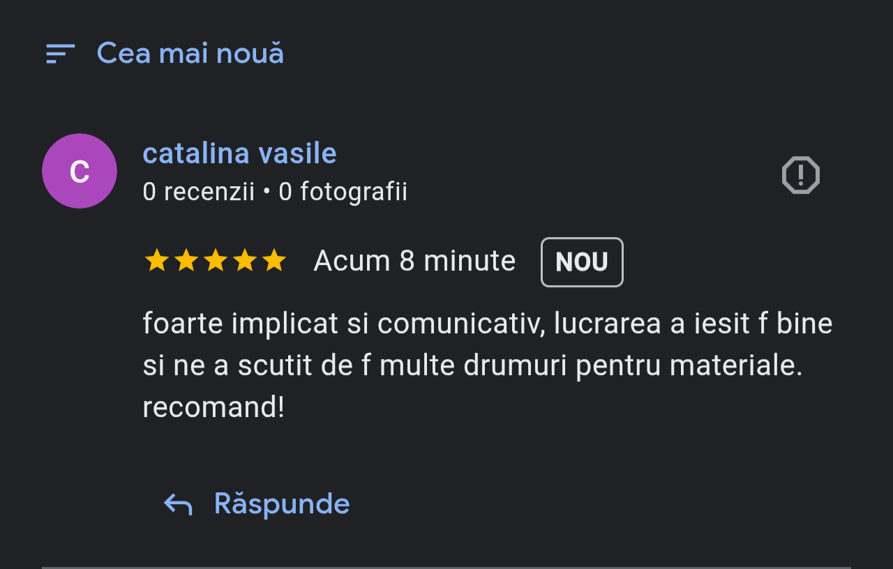 Screenshot of a review for a service or product, showing a five-star rating and a written comment in Romanian praising the work for being very involved, communicative, and leading to successful results.