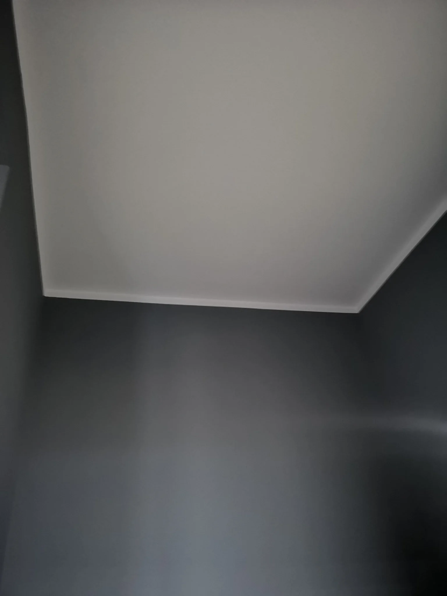 A white ceiling with a corner showing where the ceiling meets a dark gray or black wall.