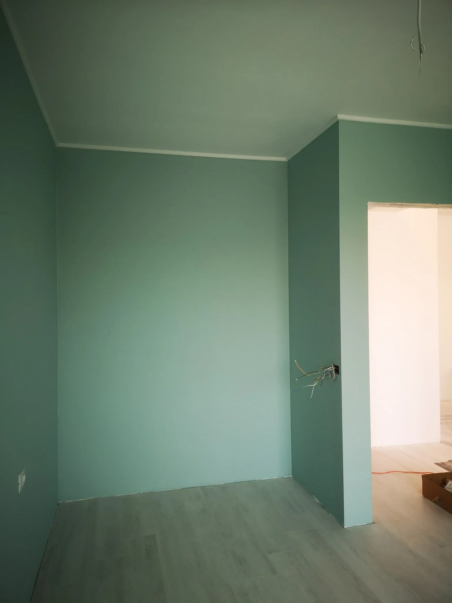 A room with green painted walls and a greenish wooden floor, partially under construction or renovation, with electrical wires hanging out of a wall socket.
