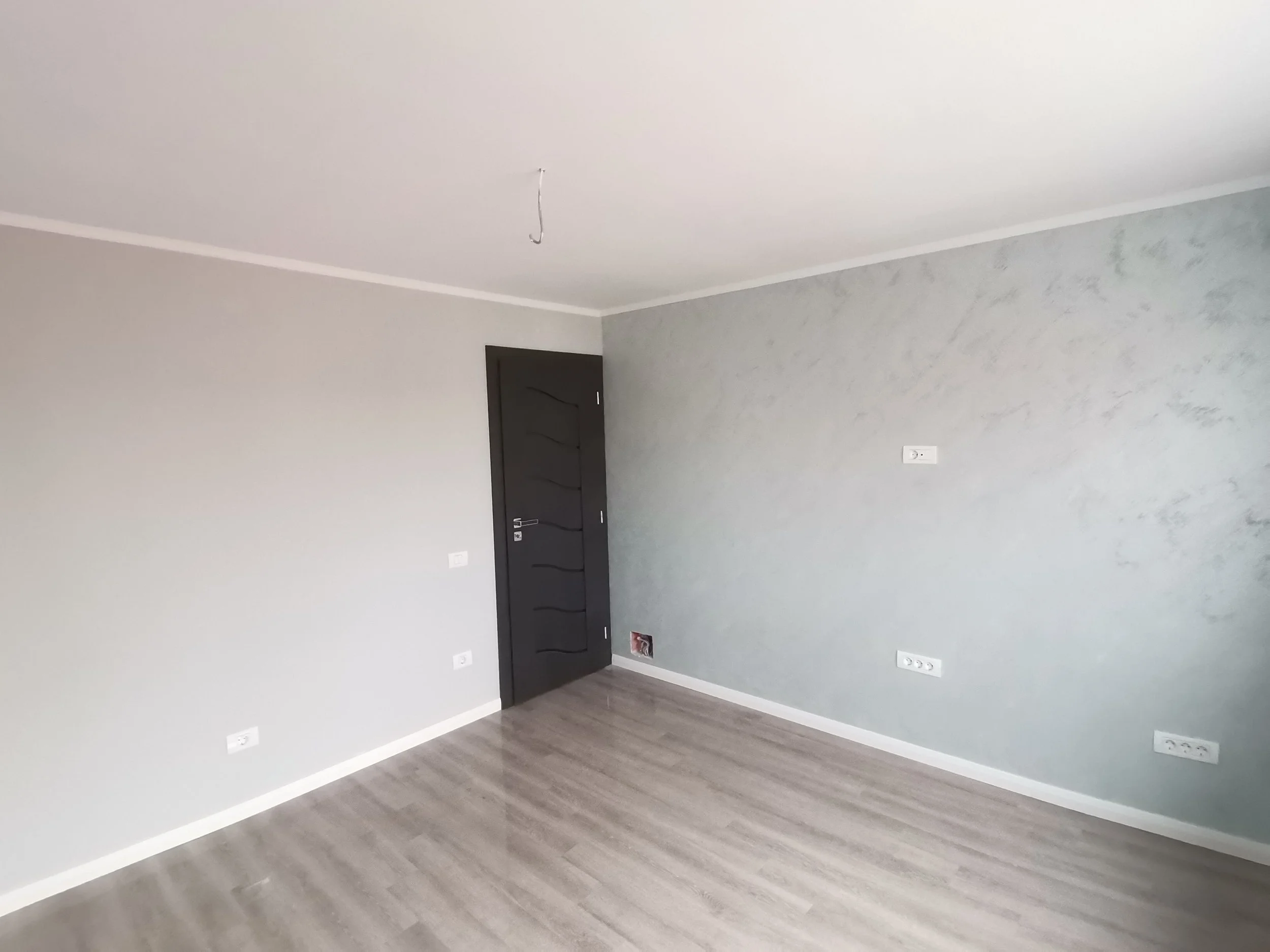 Empty room with grey walls, a dark door, white electrical outlets, and grey wood flooring.