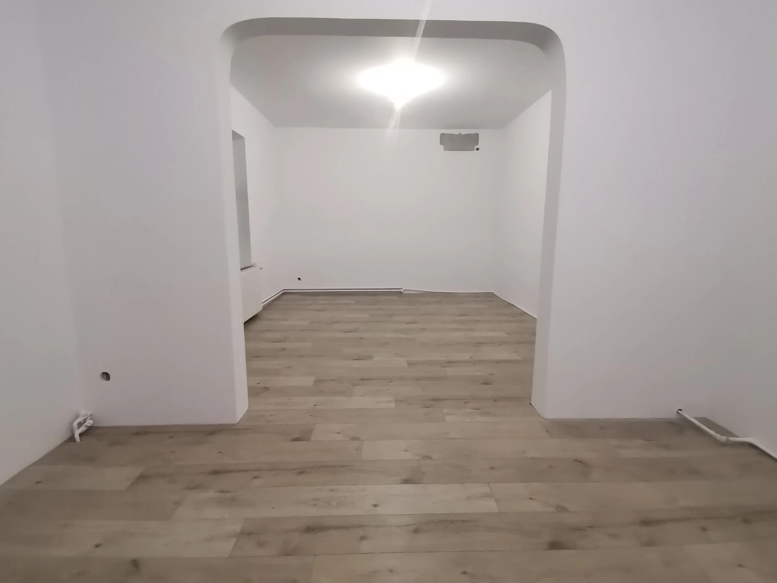 Empty room with white walls and wood-patterned flooring, with a partially installed electrical outlet or switch box on the back wall.
